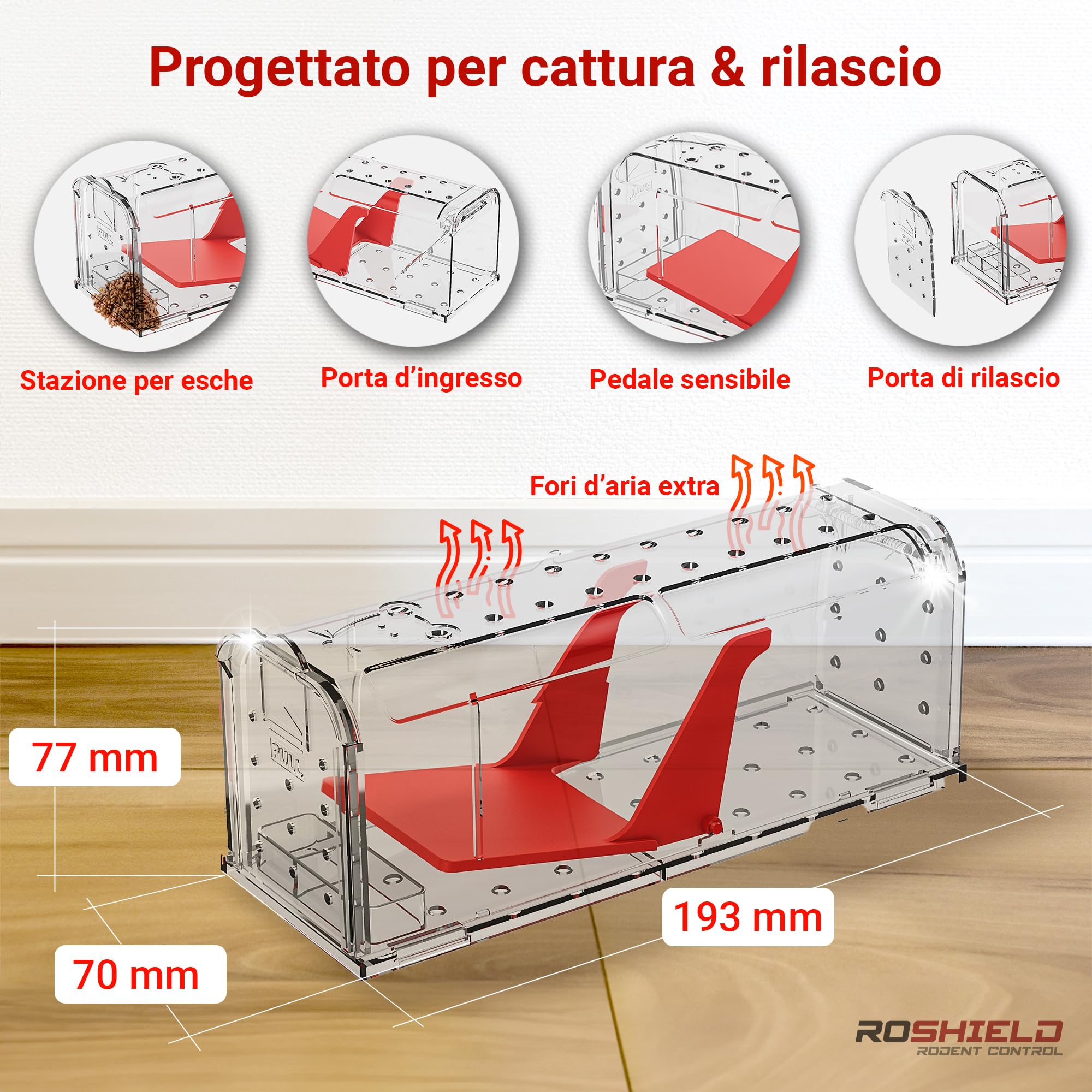 Roshield – 2 x Trappole umane per la cattura di topi (non adatte ai ratti), per uso interno ed esterno. Riutilizzabili, cattura rapida e altamente sensibile