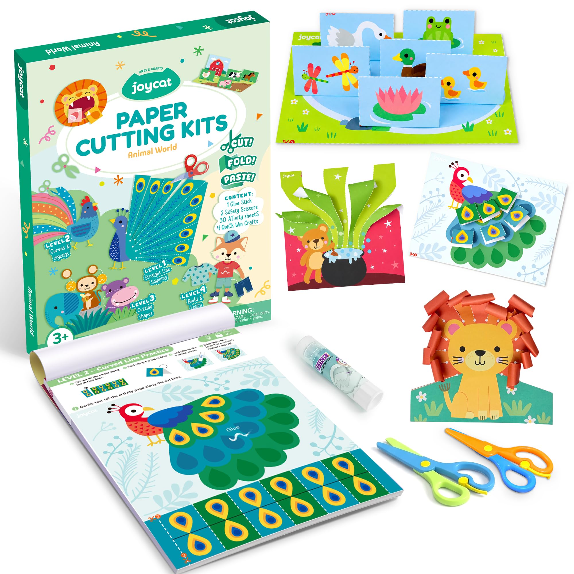 JoyCat Paper Cutting Kits for Kids Ages 3-5, Animal World Scissor Skills Activity Book with 2 Safety Scissors, 30 Activity Sheets, 4 Quick Win Crafts, Glue Stick, Preschool Animal Craft Set for Kids