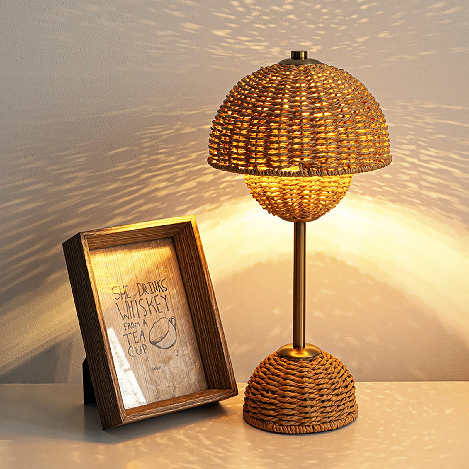 Boho Table Lamp For Bedroom, Handmade Bamboo Dimmable Desk Lamp With Rattan Shade, 3 Color Temperature Woven Wicker Bedside Lamp For Nightstand With USB Charging Port for Living Room, End Table, Offic