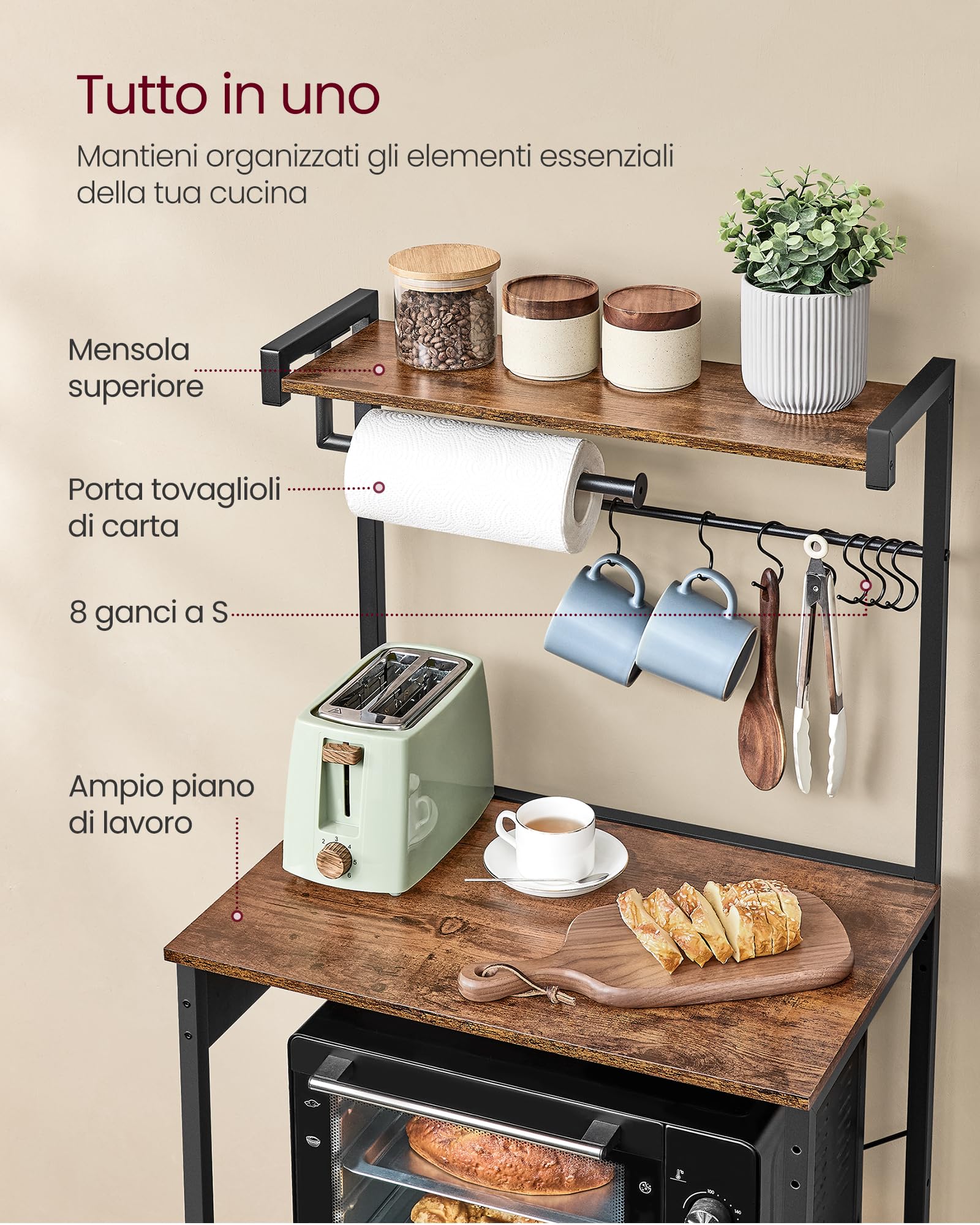 VASAGLE Scaffale da Cucina con Presa Elettrica, Bar Caffèa 4 Ripiani con Uno Regolabile, Supporto per Microonde, Porta Carta da Cucina, 40 x 60 x 140 cm, Marrone Vintage e Nero Inchiostro KKS014K02
