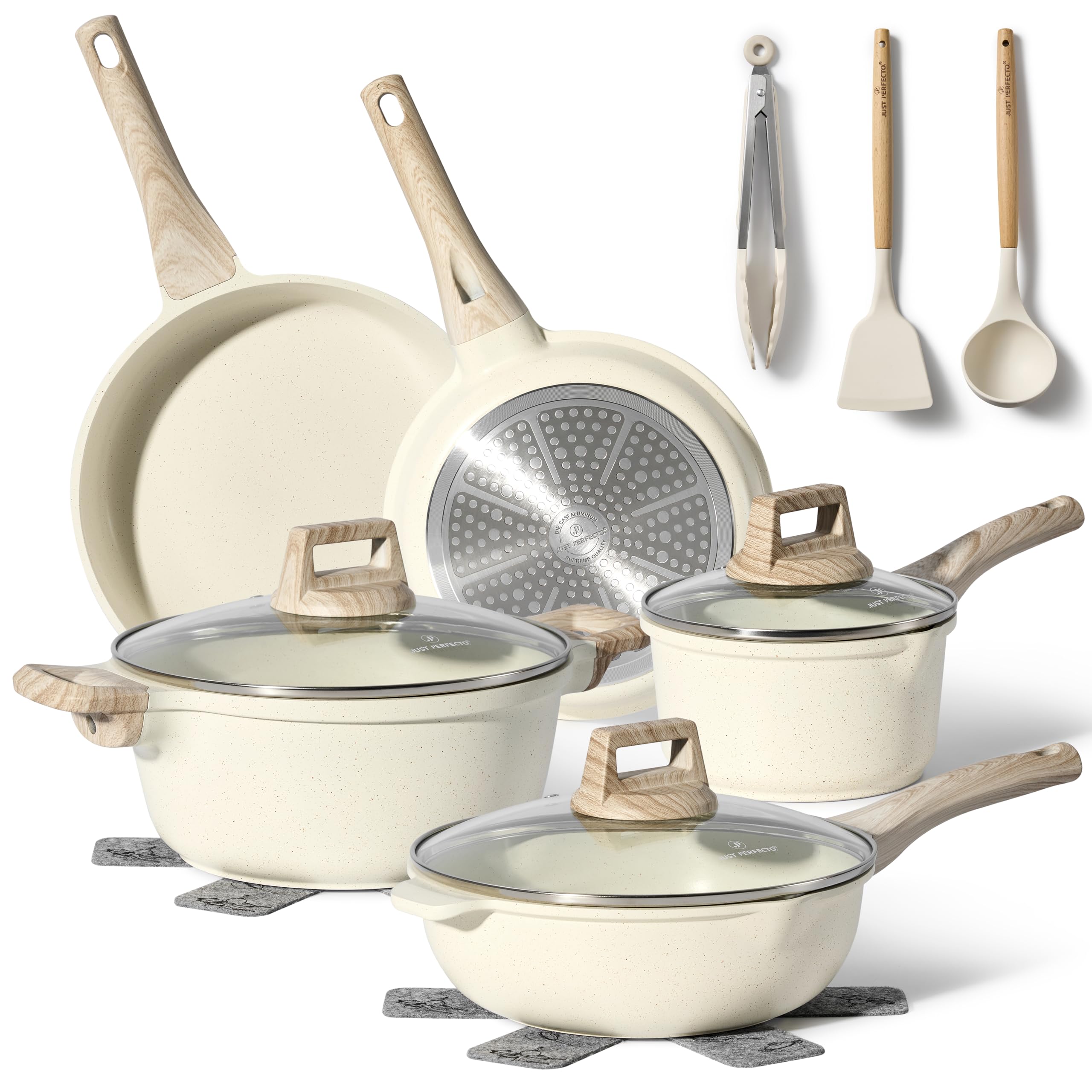 JUST PERFECTO Batterie de cuisine induction Set de casseroles avec couvercle - Casserole tout feux - poele anti adhesive - poele sans PFOA et sans PTFE - lot avec des poêles (13 pcs Biege)