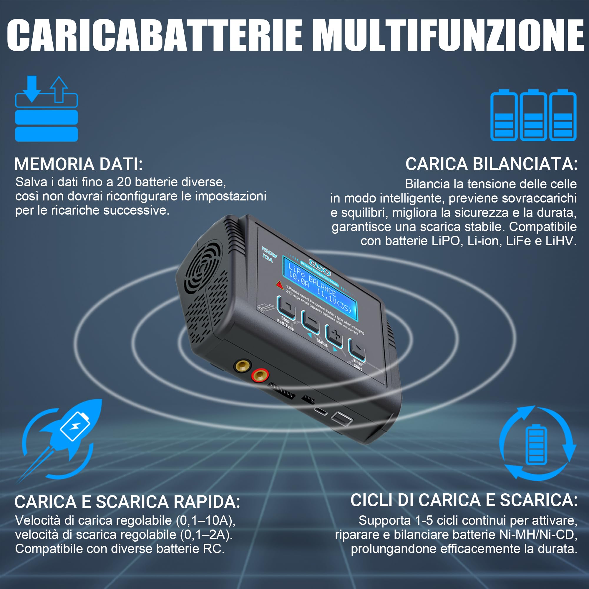 HTRC C150 Caricabatterie Lipo 150W 10A – Caricabatterie RC e Bilanciatore Batterie per LiHV/LiPo/Li-Ion/LiFe (1-6S), NiMH/NiCd (1-15S), PB (2-20V) – AC/DC, Display LCD, 20 Memorie