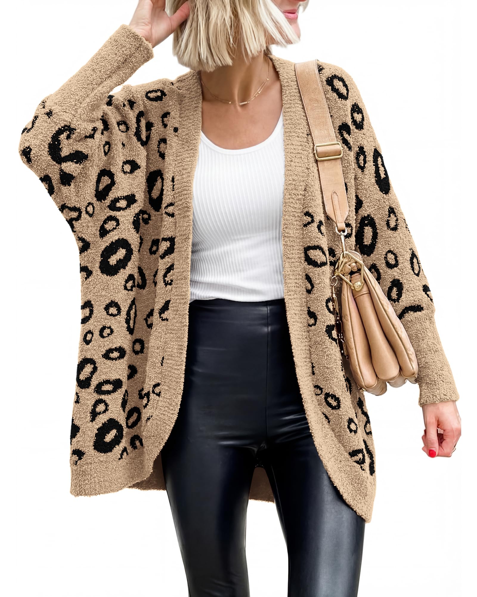 BTFBM Leopard Cardigan for Women Long Sleeve Open Front Cardigans Sweaters Pockets Loose Knit 2025 Fall Winter Outwear