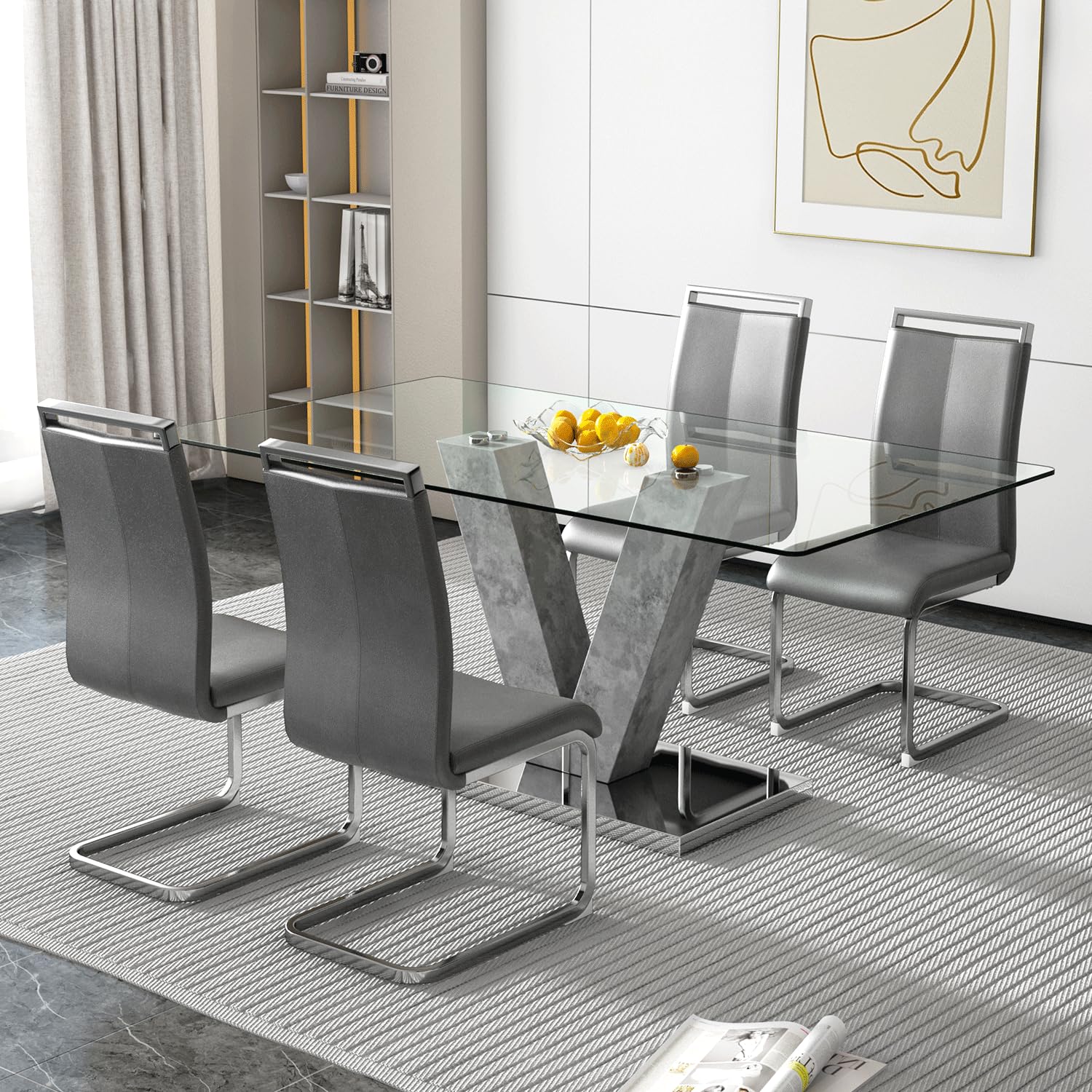 BAOPIN 71" Glass Dining Table Set for 4, 5-Piece Table Set, Kitchen Table and 4 PU Leather Chairs, Dining Table Set Ideal for Living Room