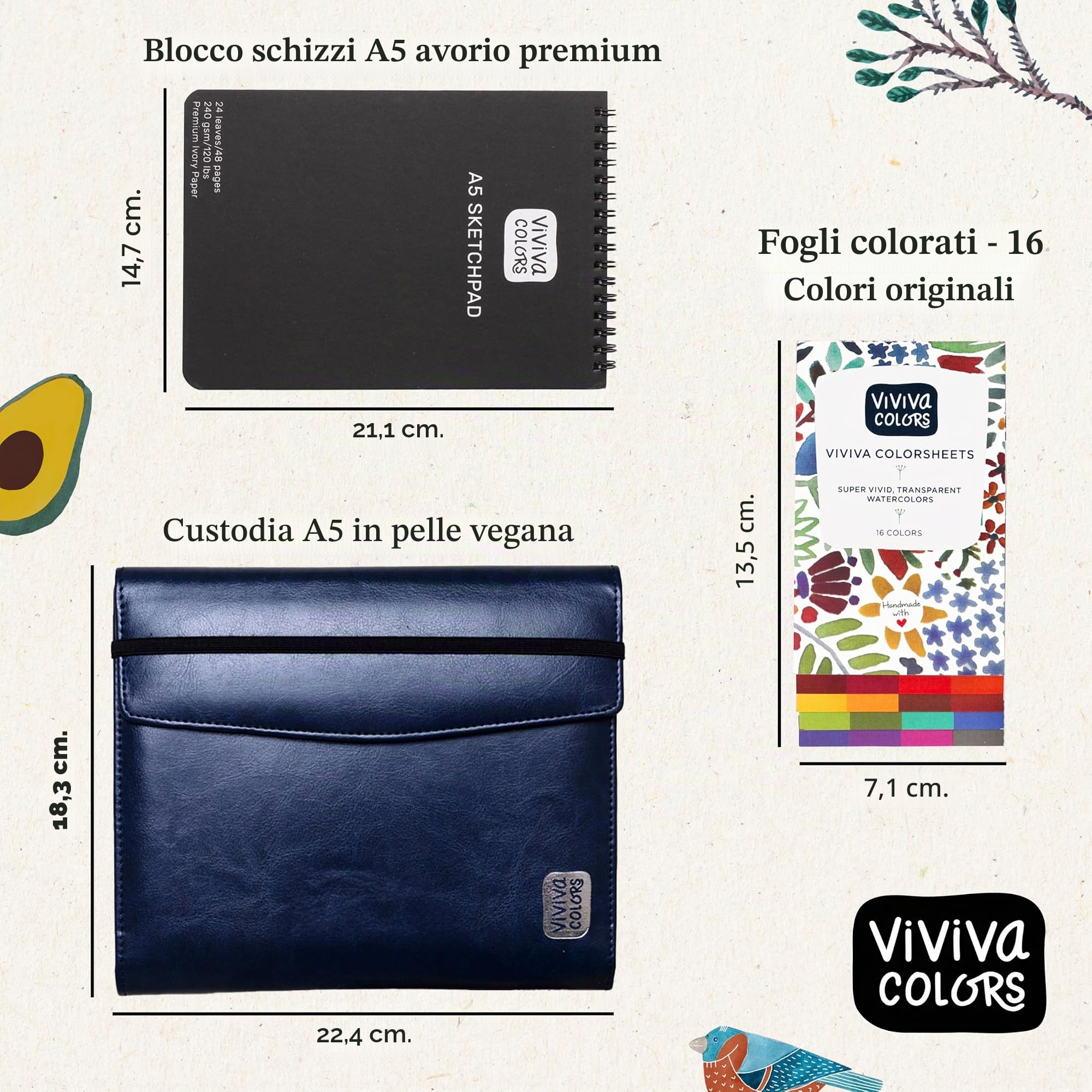 Viviva VV276054 Watercolor Travel Set A5 in ecopelle, custodia con 16 acquerelli vivaci, pennello serbatoio acqua, penna nera da 0,5 mm e album da disegno con 24 fogli da 200 g/m², formato A5