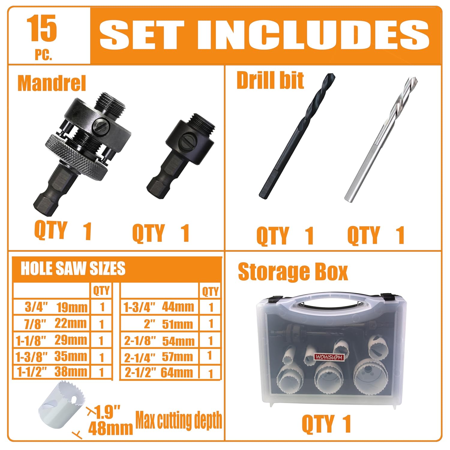 3/4” to 2-1/2” HSS Bi Metal Hole Saw Kit 10pcs Heavy Duty Hole Saw Bit for Wood Drywall Plastic Aluminum Mild Steel Iron Metal Stainless Steel