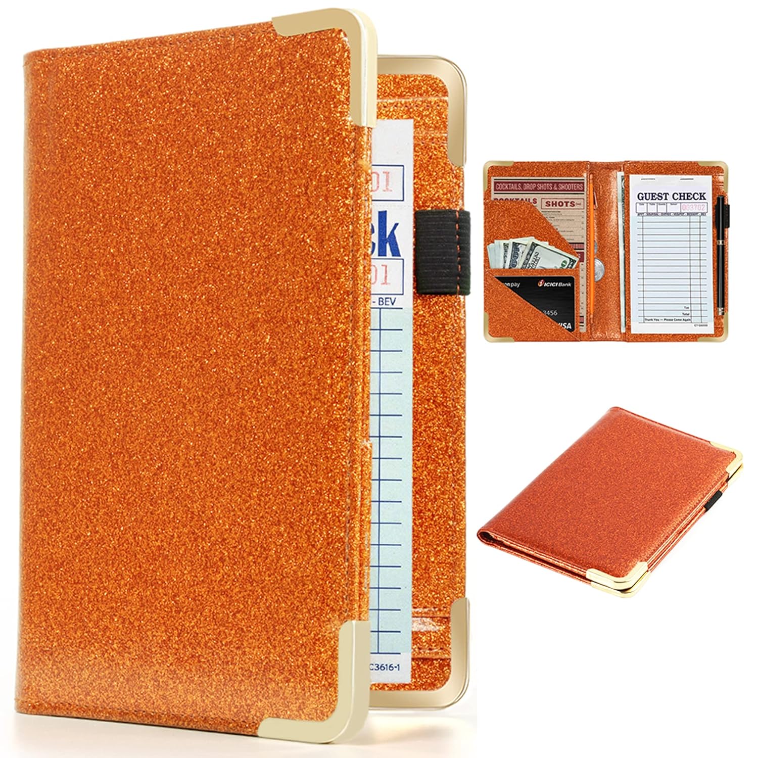 CoBak Server Book - Waitress Book Organizer with Zipper Pouch for Restaurant Waitstaff, Cute Serving Book, 5 Large Pockets with Pen Holder, Orange Glitter
