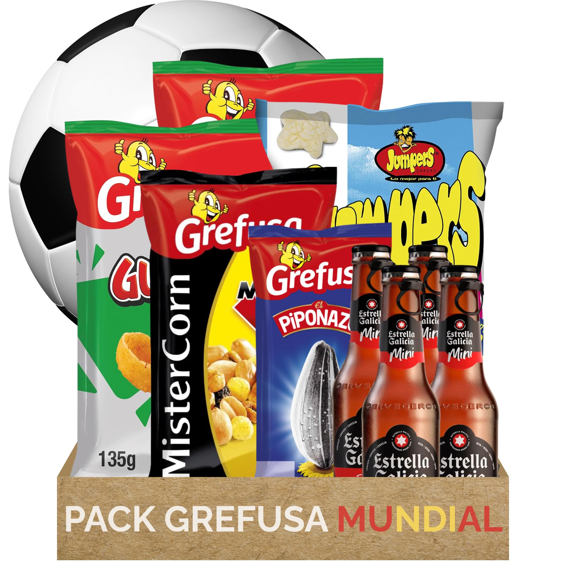 Pack Mundial Snacks Combo para 3-4 Personas con Cerveza | GublinsBBQ + MisterCorn Mix + Jumper + Piponazo + 4 Botellines | Aperitivos Variados Fútbol | Caja Regalo Mundial 2026