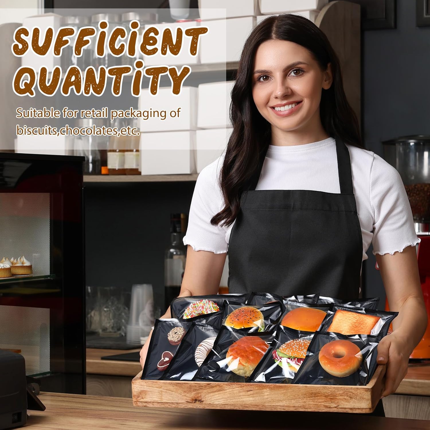 Yeaqee 1000 Pcs Bakery Bags 7.1 x 7.5 Inches Heat Sealable Donut Bag with Window Paper Sandwich Bag Grease Resistant Cookie Packaging Kraft Sleeves for Pastries Snacks Egg Biscuits Treat (Black)