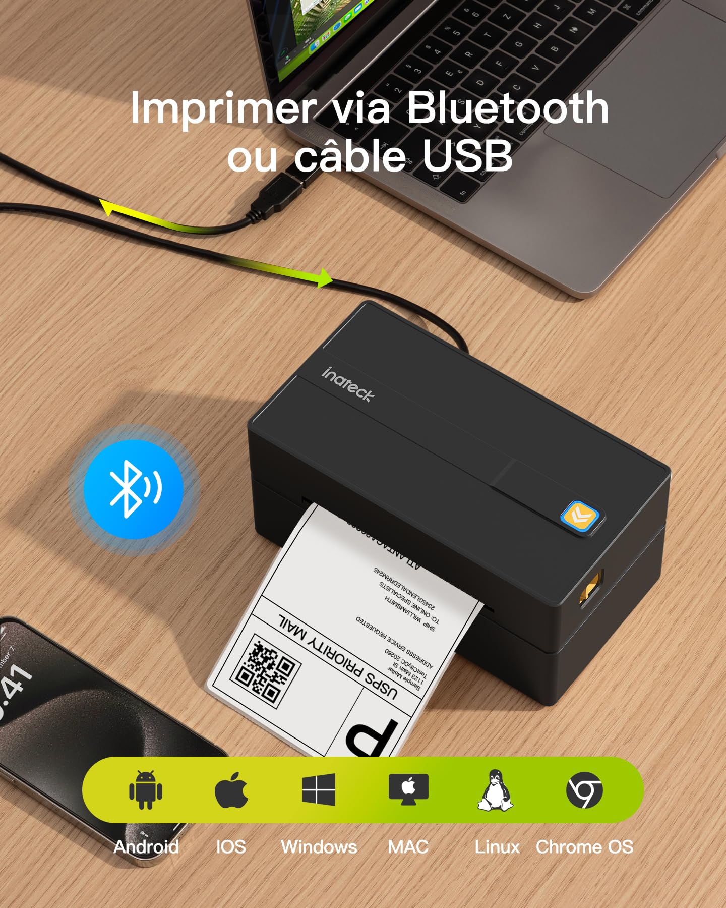 Inateck Imprimante d'étiquettes Thermiques Mobiles sans Fil 4 x 6 Noir