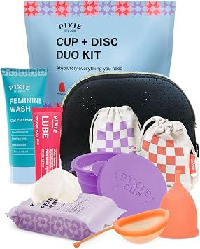 Pixie Menstrual Cup & Disc Duo Kit for Feminine Care - Most Comfortable Reusable Period Cup & Disc - Buy One We Give One - with Guide, Flushable Wipes, Lube, Feminine Wash, Carry Cup & Storage Bag