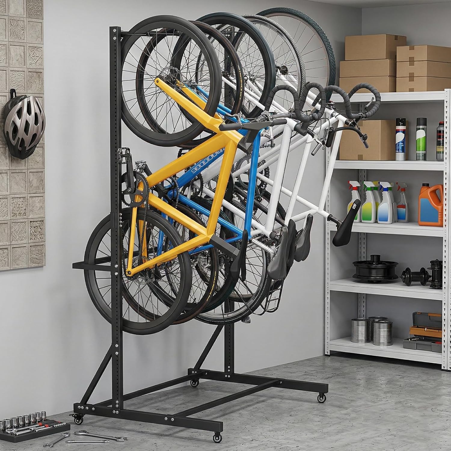 Support de vélo sur pied pour 5 vélos avec roulettes, réglable en hauteur de 1,2 à 2 m et largeur réglable, support de vélo en acier robuste 150 kg, 4 roulettes pivotantes (2 verrouillables