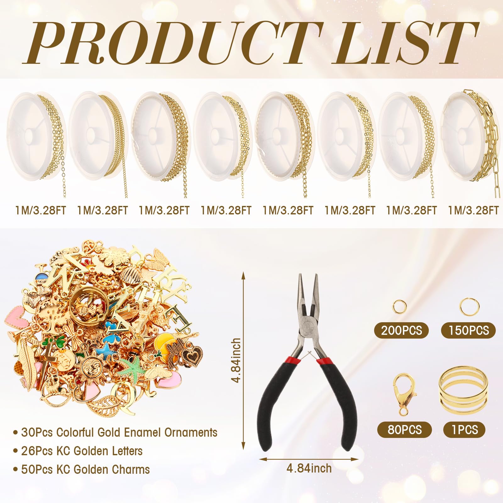 Quelay 8 Rolls 26.2 Feet Gold Chains for Jewelry Making DIY Necklace Bracelet Chains Bulk with 106 Bracelet Charms 350 Jump Rings 80 Lobster Clasps Jump Ring Opener Matching Pliers Accessories