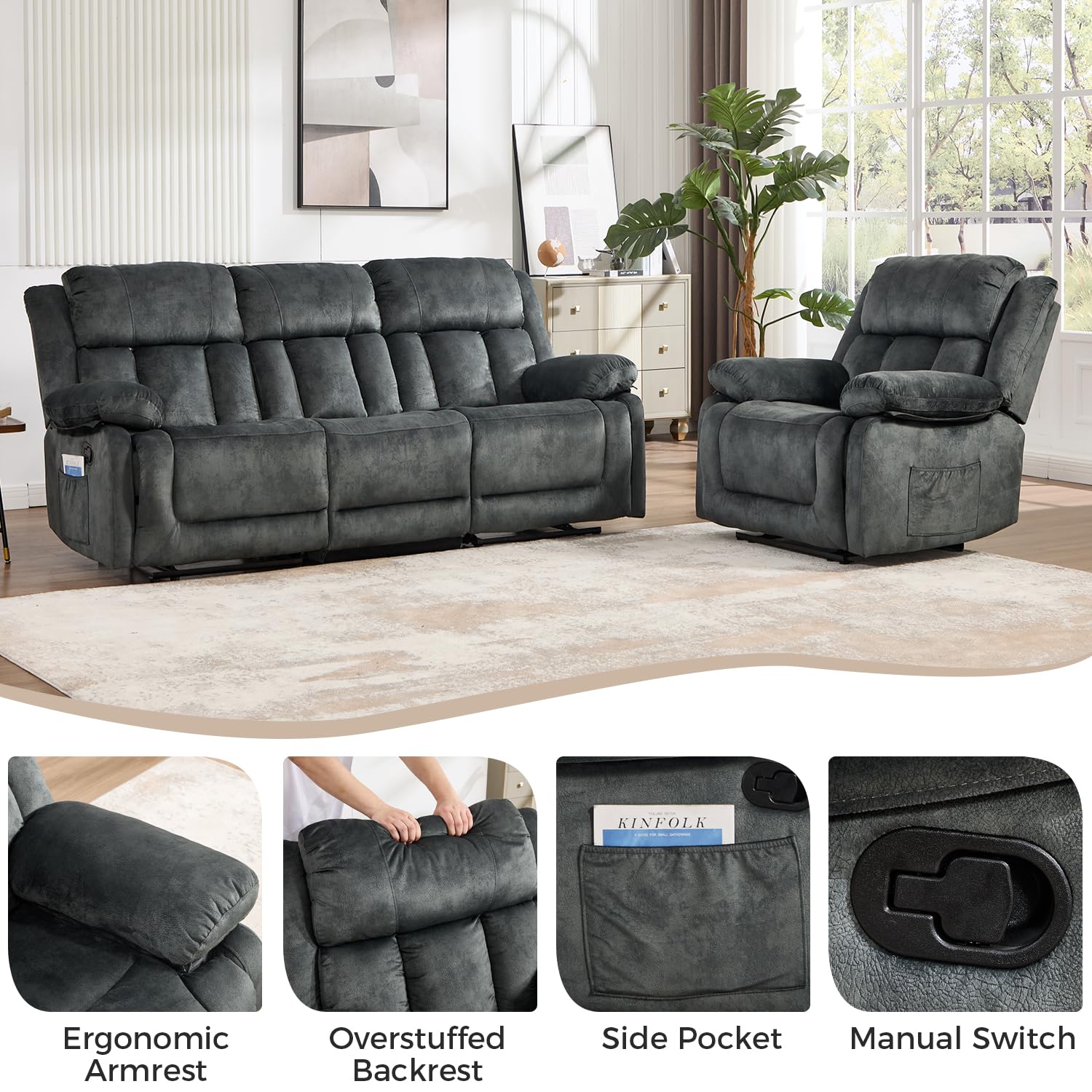 Manual Recliner Set Overstuffed Chair Wall-Hugger 3-Seat Loveseat Sofa Grey 1+3 image 4
