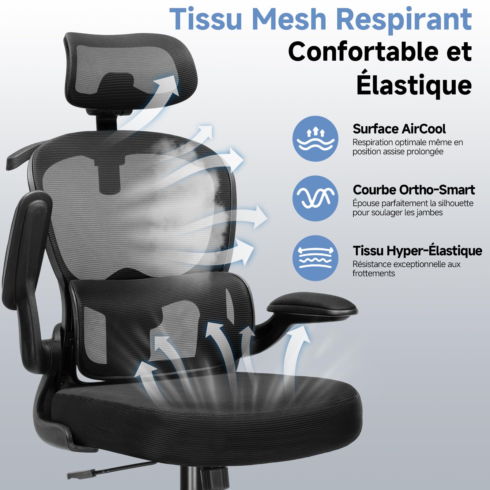COMHOMA Chaise de Bureau Ergonomique, Fauteuil avec Appui-tête 3D et Support Lombaire, Design Intégré avec Porte-vêtements, Accoudoirs Rabattables, Siège Rembourré en Maille Respirante