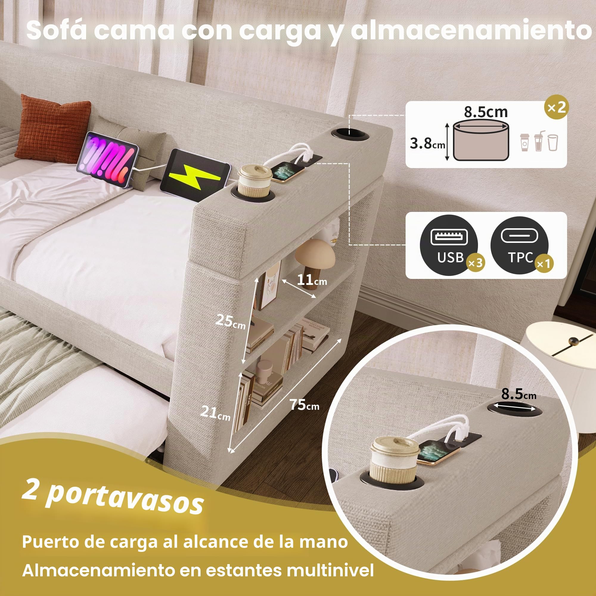 Cama de día multifunción para jóvenes, 90 x 190 cm, cama nido con puertos USB Type-C y USB y soporte para bebidas, cama infantil, cama tapizada, cama plegable, cama de invitados, beige (sin