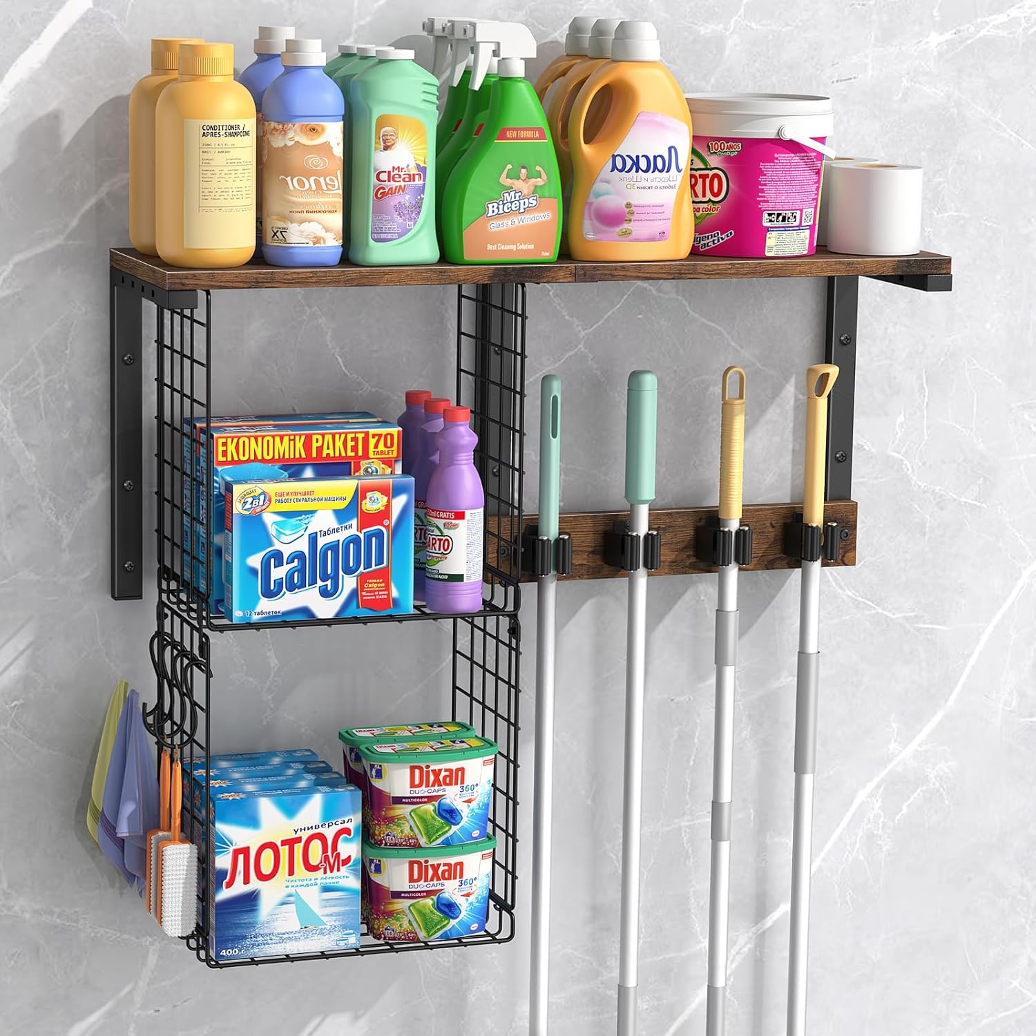 Housolution Broom Holder Wall Mount with Cleaning Supplies Organizer, 100 LBS High Load-Bearing Laundry Room Storage Shelves, Multifunctional Mop Hanger Rack with 2 Baskets, 4 Grippers & Hooks