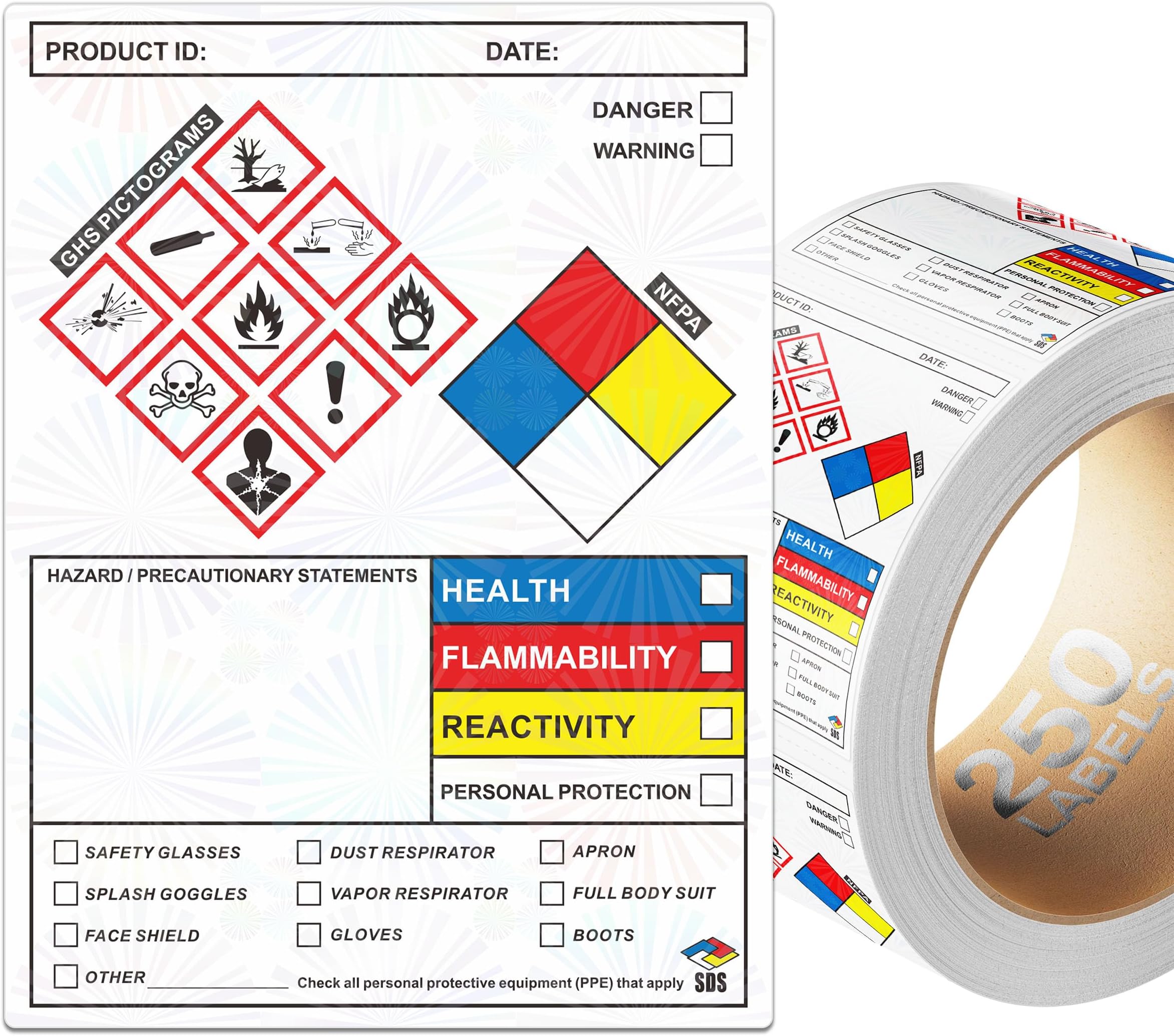 SDS Label Stickers 4 x 3 Inches, Roll of 250 MSDS OSHA Data Stickers with GHS Pictograms & Perforated Edges for Easy Separating | HMIS & Hazard Compliant | Secondary Containers for Chemical Safety