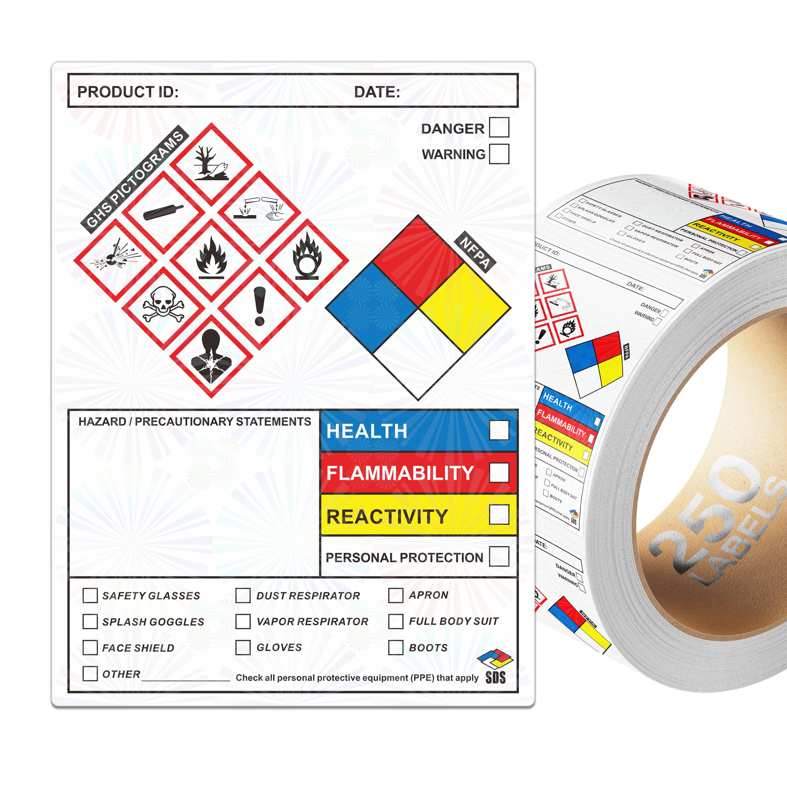 SDS Label Stickers 4 x 3 Inches, Roll of 250 MSDS OSHA Data Stickers with GHS Pictograms & Perforated Edges for Easy Separating | HMIS & Hazard Compliant | Secondary Containers for Chemical Safety