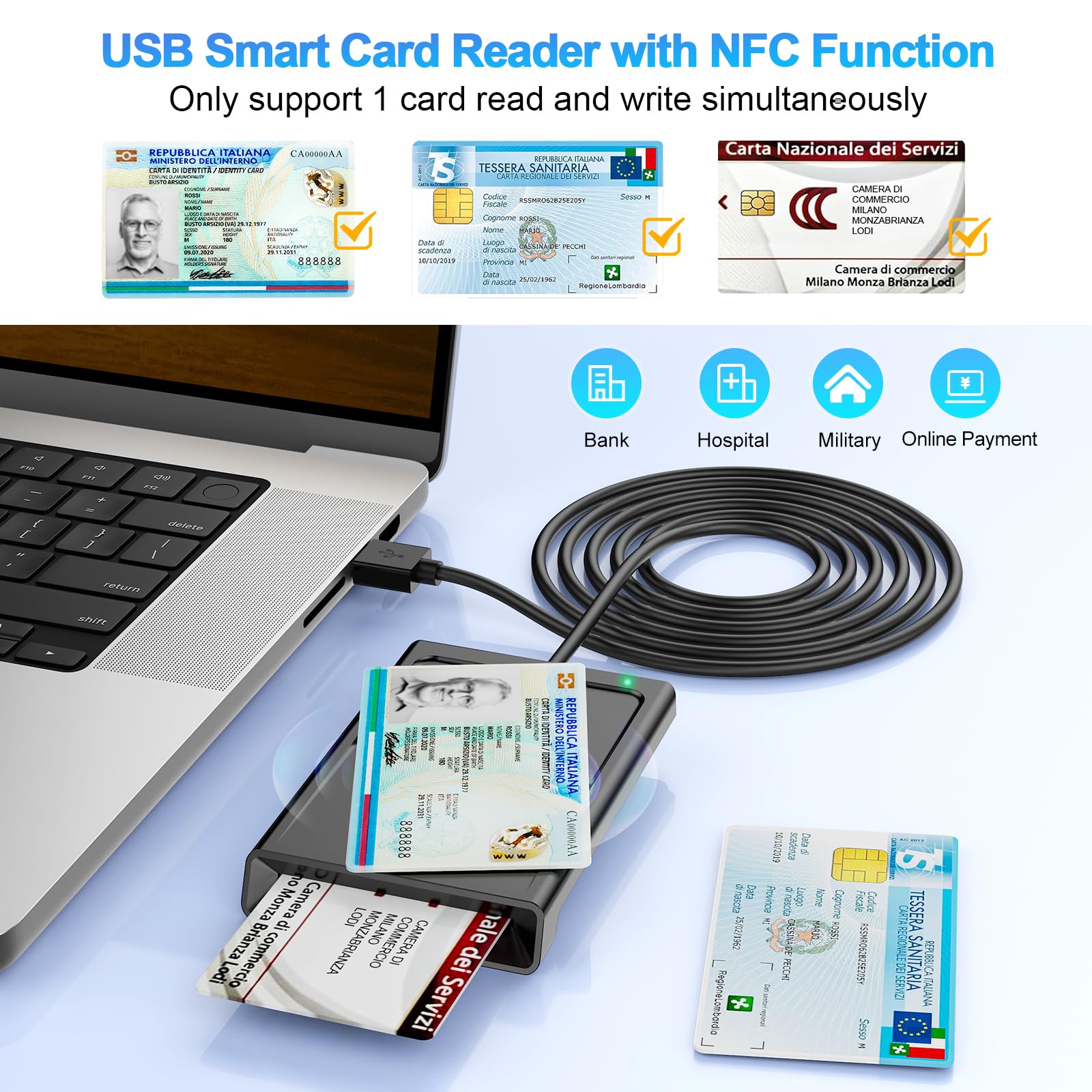 USB Lettore CIE 3.0 Carta d'identità Elettronica e Tessera Sanitaria Italiana,Lettore Smart Card Firma Digitale Lettore NFC Lettore Smart contatto e contactless CIE/CRS/CNS per PC Windows 10 11 Linux