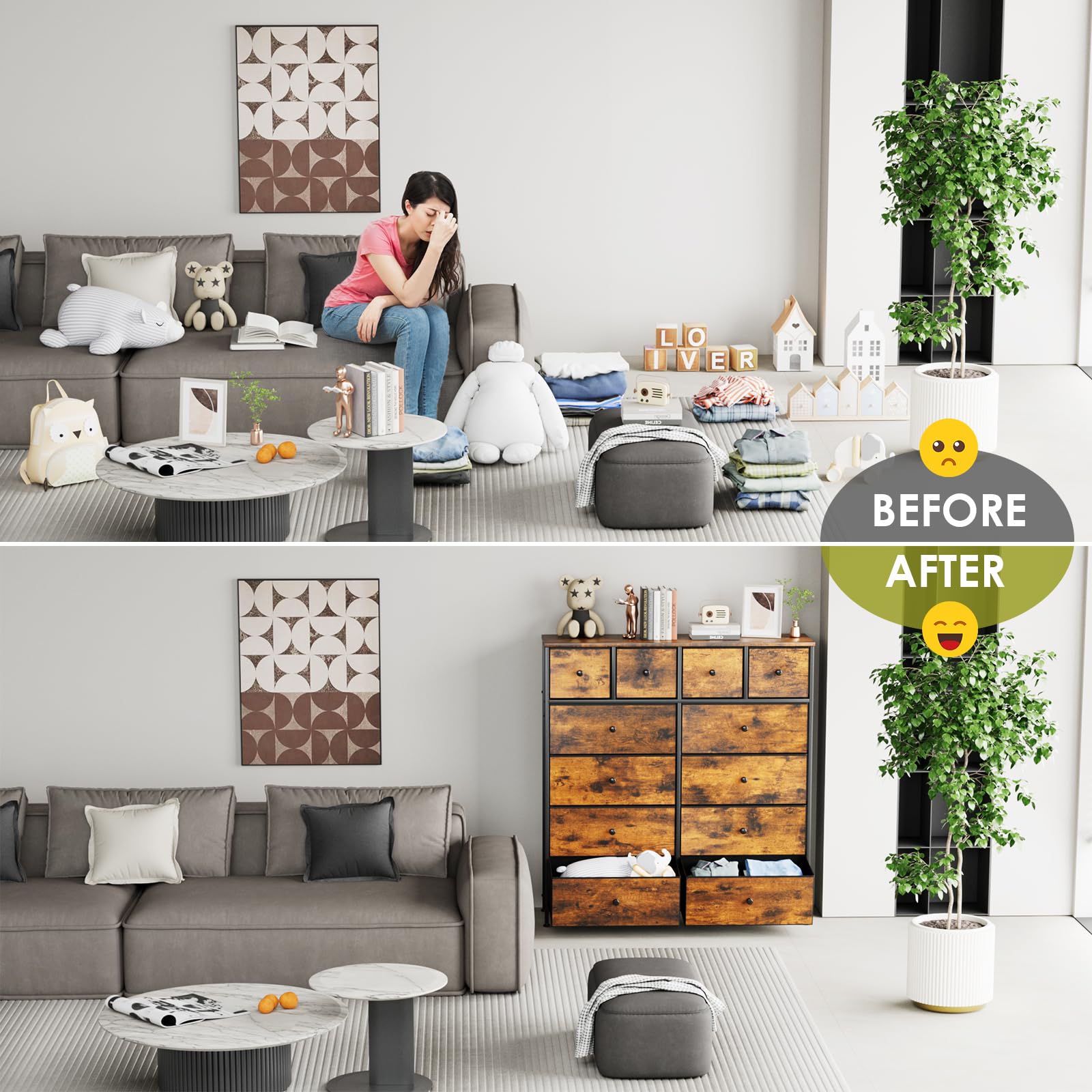 Clevich Stoff-Kommode, Schminktisch Schrank, Aufbewahrungsschrank, 12 Schubladen aus Stoff, Metallrahmen, industrieller Stil, für Wohnzimmer, Flur, Schlafzimmer (Retro braun+schwarz)