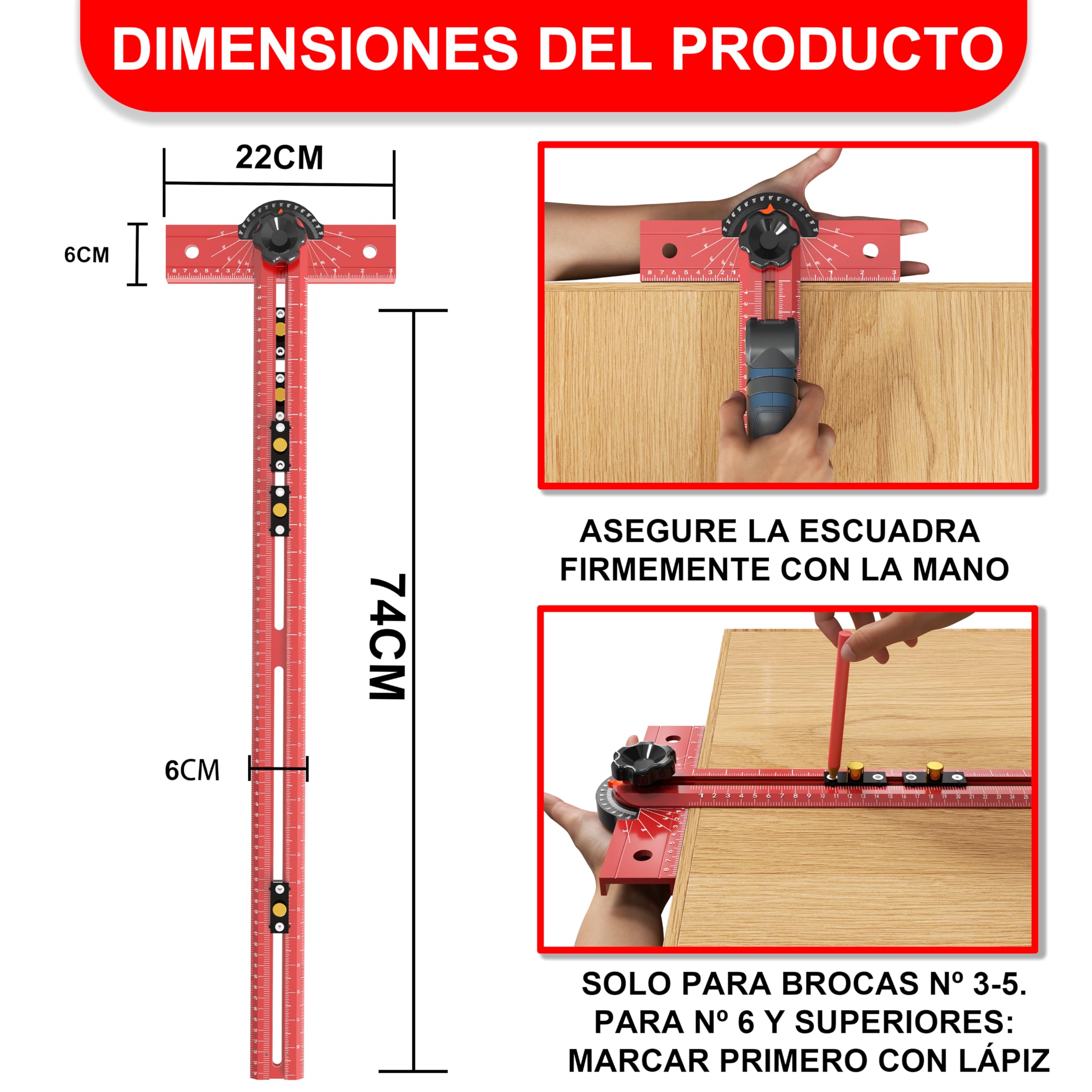 Escuadra en T de Carpintería de 74cm Herramienta de Medición con Ángulo Ajustable 15-165°, Cuerpo de Aleación de Aluminio, Guía de Taladro de Precisión para Carpintería, Dibujo Técnico