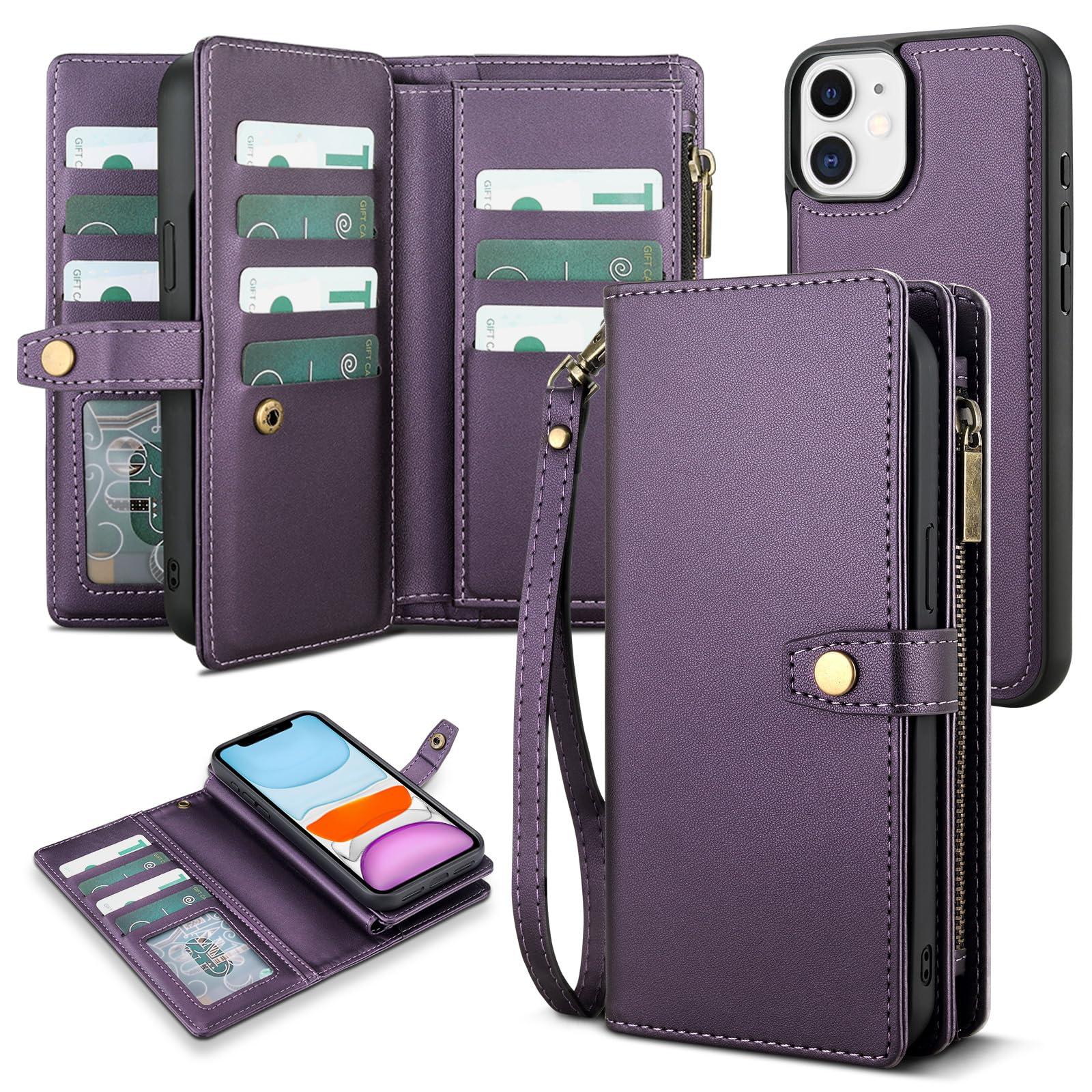 TwoHead for iPhone 11 Wallet Case with Card Holder Detachable Magnetic Phone Case PU Leather Wallet with Wrist