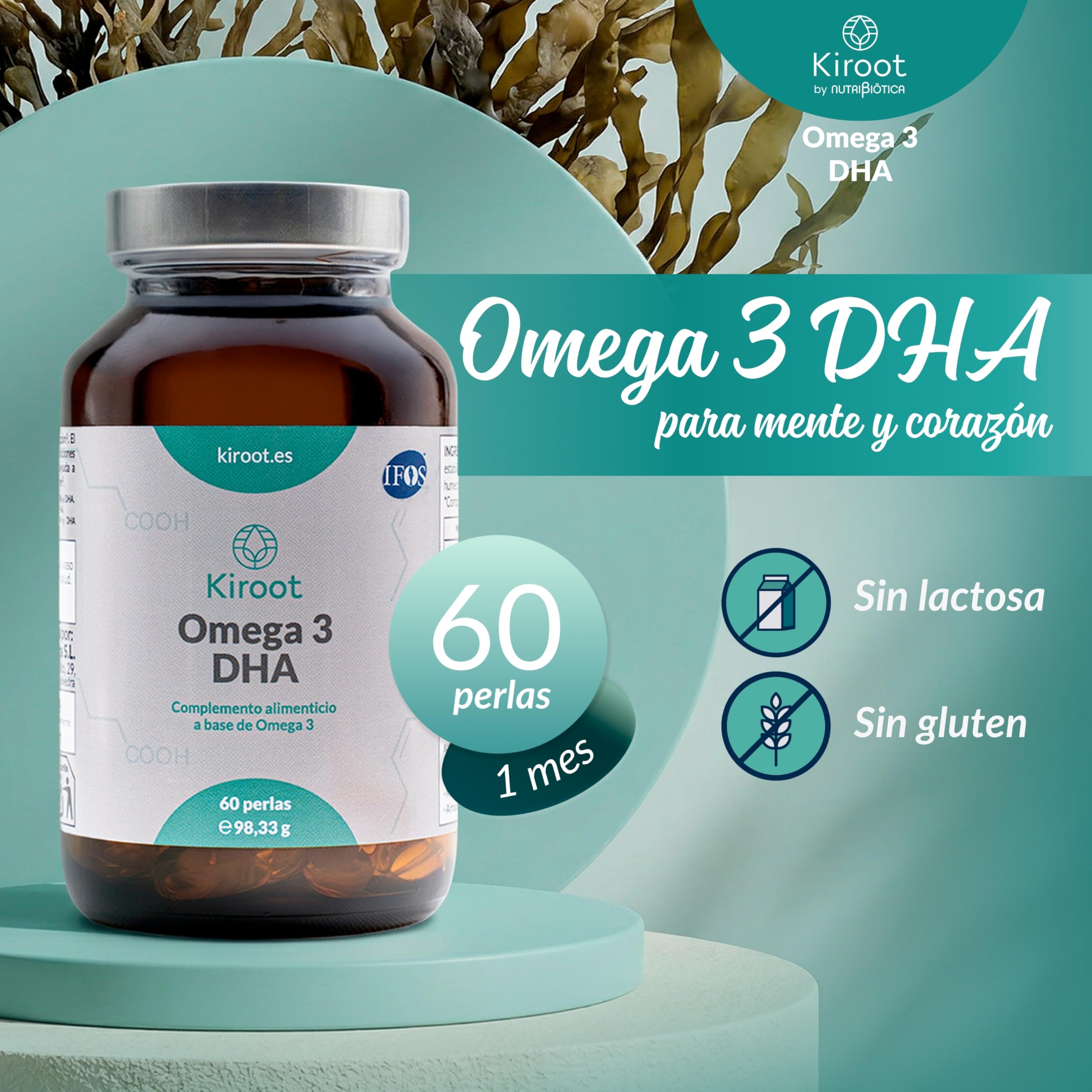Kiroot Omega 3 DHA Alta Concentración | 60 Perlas - 1 Mes | Apoyo a Corazón, Cerebro y Visión | Triglicéridos Normales | IFOS | Sin Gluten Sin Lactosa