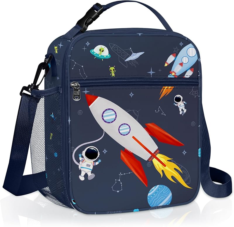 Space Insulated Kid Lunch Bag for Boy Lunch Box, Blue Rocket | Large Reusable Leakproof Thermal Cooler Bag, Baby Toddler Daycare Travel Outdoor Camp Picnic Food Carrier, Planet Universe