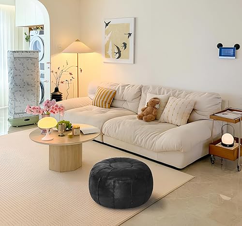 Miniatura 8 de Thgonwid Funda de puf otomano marroquí sin relleno, solución de almacenamiento para reposapiés otomano, silla puf, reposapiés, color negro Negro