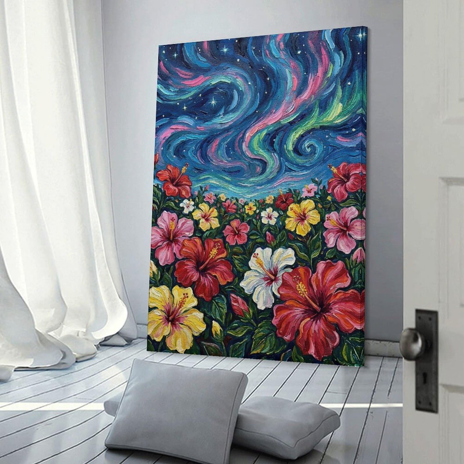 Junmoney Hibiscus Flowers Under Aurora Painting Hanging Wall Art, 24x36inch(60x90cm), for Home Walls, Creative Rooms Or Shared Spaces, A Flexible Wall Accent for Shared Spaces