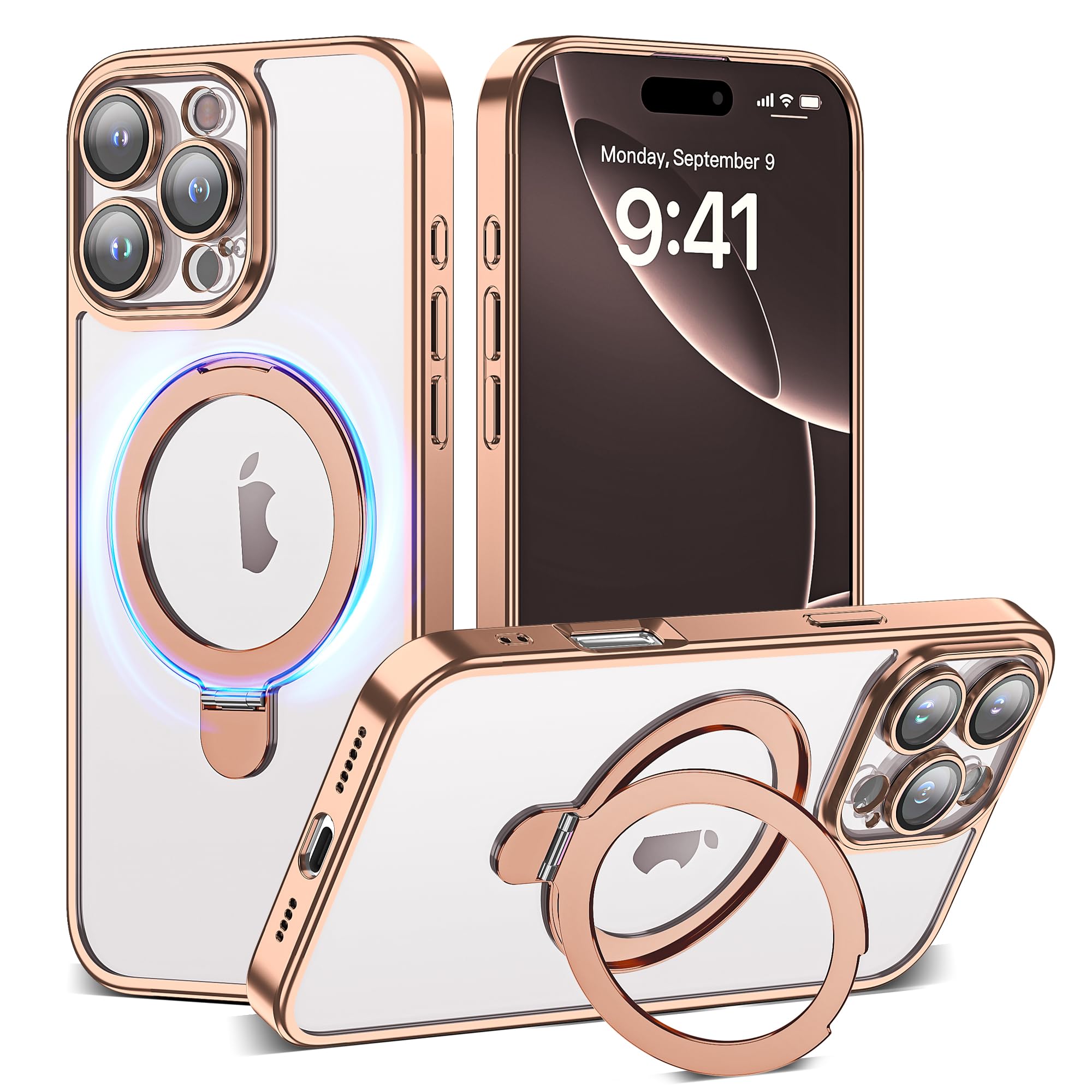 YEMORAN Compatible with Clear iPhone 16 Pro Case with Magnetic Stand [Compatible with Mag-Safe][Full Camera Len Protectors] Shockproof Plating Phone