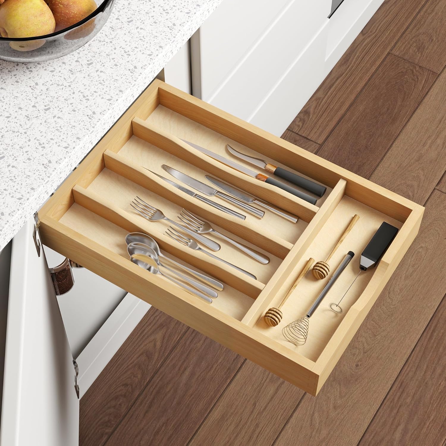 WelFurGeer Solid Birch Wood Silverware Drawer Organizer, Wooden Cutlery Drawer Organizer, Utensil Tray for Kitchen Drawers, Kitchen Utensil Organizer for Silverware, Flatware, Spoons, Forks, Knives
