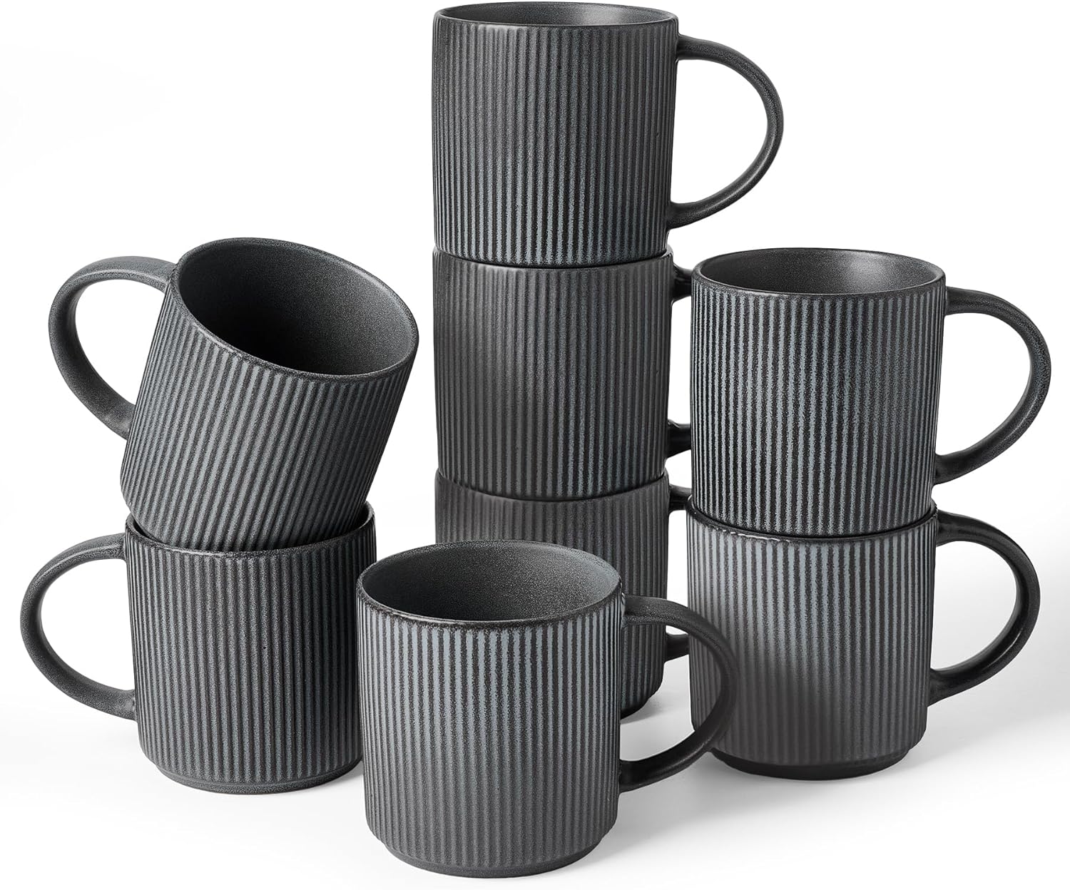 famiware Coffee Mug Set for 8, Star 12 oz Catering Mugs Cup Set with Handle for Coffee, Tea, Cocoa, Milk – Ceramic Stoneware Drinkware Set, Matte Dark Charcoal
