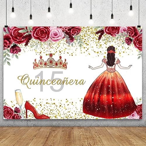 YongFoto Telón de fondo de quinceañera de 15 cumpleaños de quinceañera de 7 x 5 pies, corona floral roja, fondo de cumpleaños de princesa para