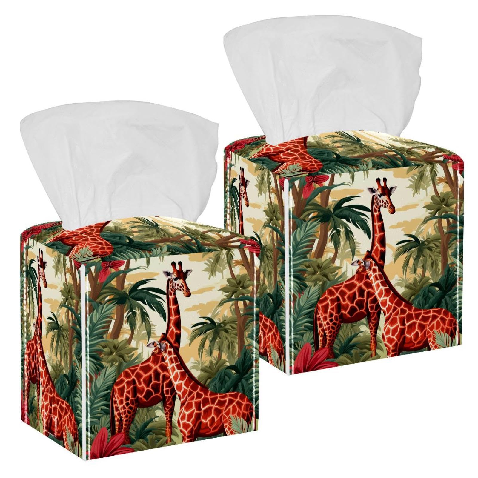 Jungle Tree Giraffe Tissue Box Cover, 2 Pack PU Leather Square Facial Tissue Dispenser Box holder for Home Office Car