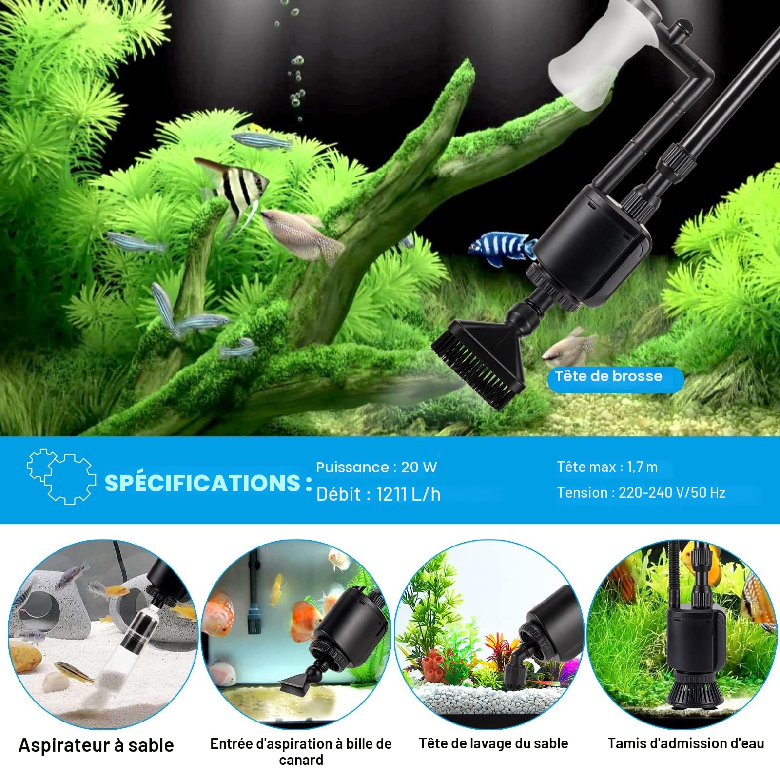 AQQA Nettoyeur électrique pour Aquarium,6en1Aspirateur Automatique pour Aquarium,Aspirateur de Gravier Électrique,Changeur d'eau Laveur