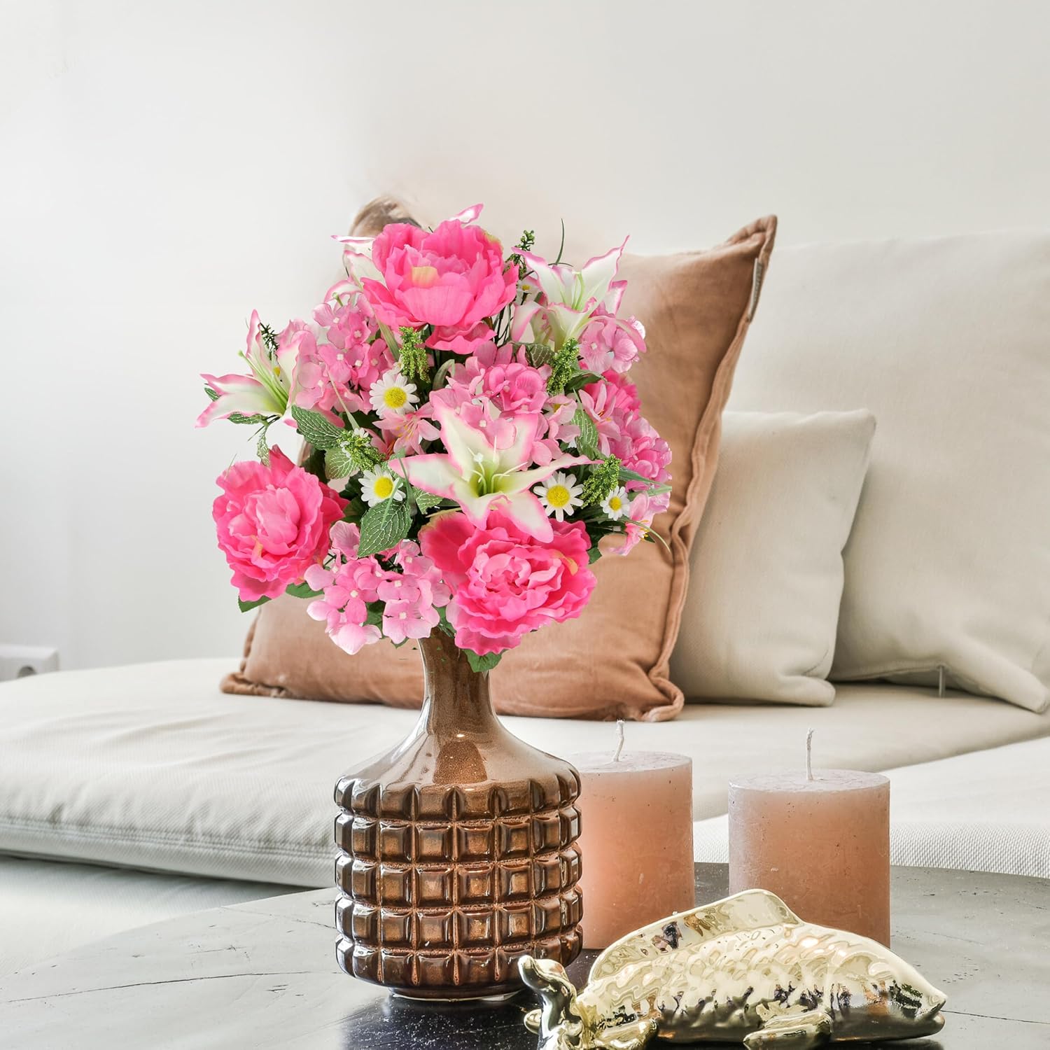 Admired by Nature 2pcs of 24 Stem Artificial Roses Carnation Mixed Bush Spring Faux Flower Arrangement for Outdoor & Indoor Wedding Home Decoration, Cemetery Decorations for Grave, Pink