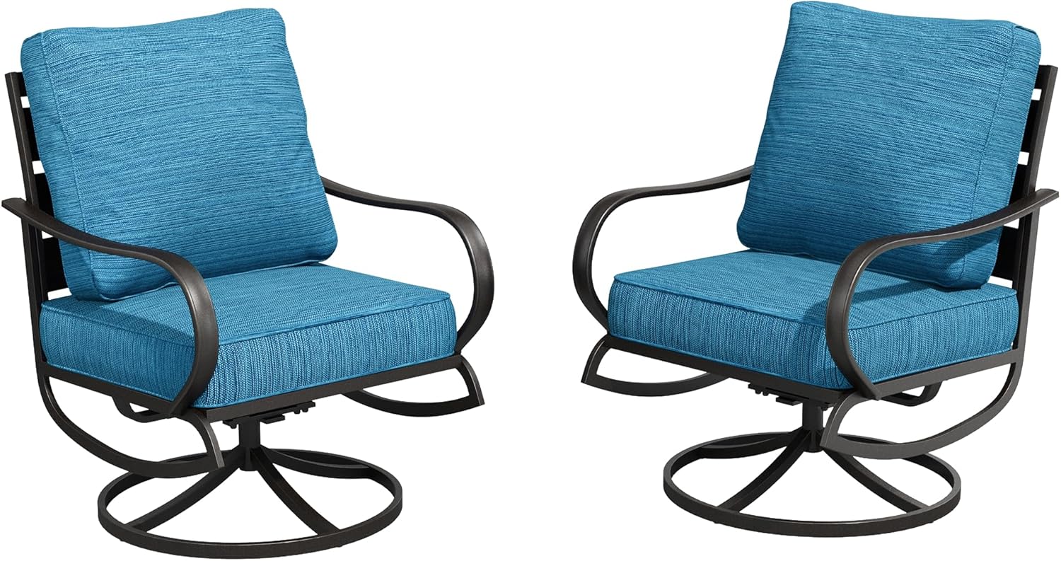 PHI VILLA Metal Swivel Patio Chairs Set of 2, High Back Steel Outdoor Chairs with 5.75" Extra Thick Cushion, 2 Pieces All Weather Deep Seat Outdoor Front Porch Seating Furniture for Deck, Peacock Blue