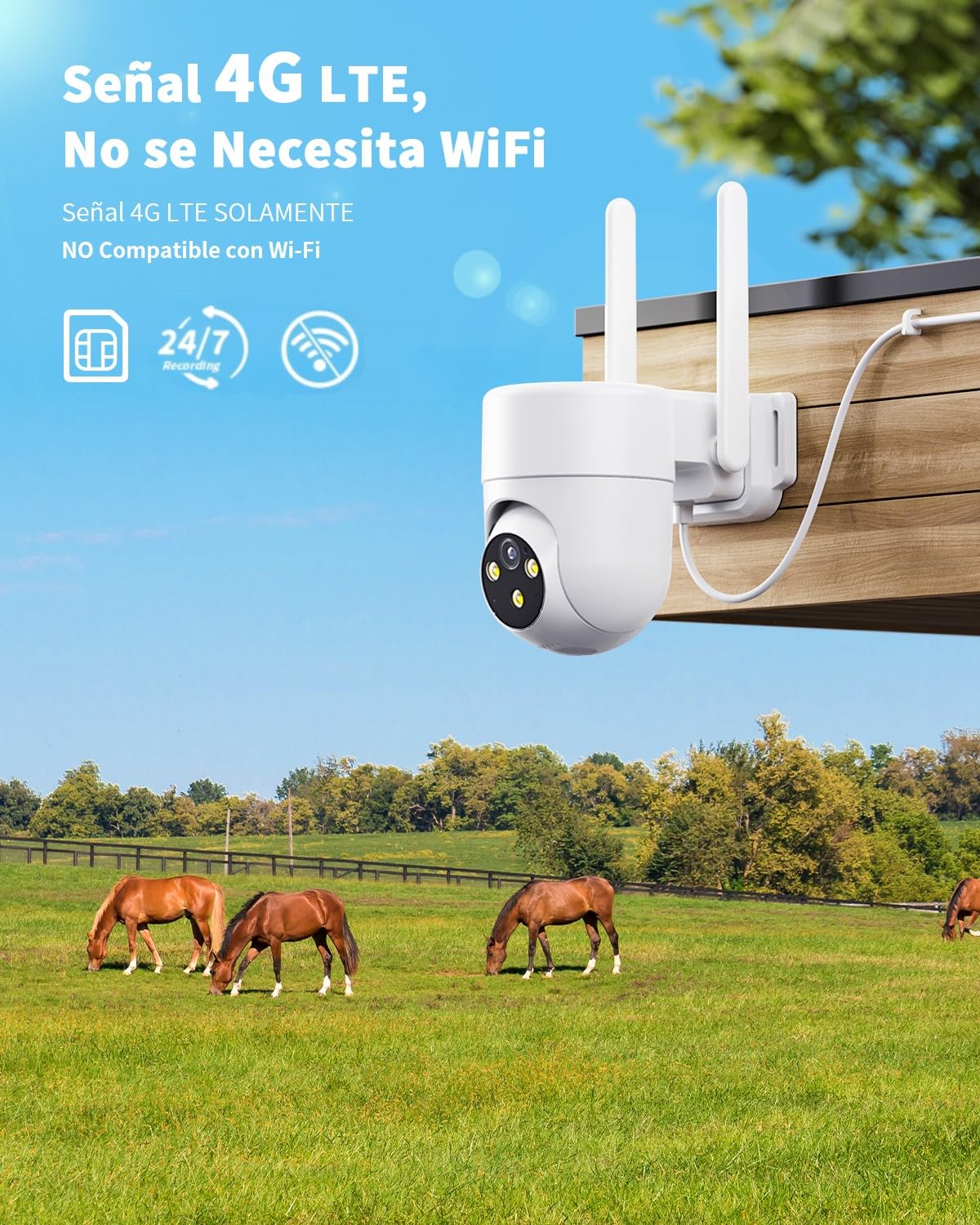 4G LTE Cámara Vigilancia Exterior con Tarjeta SIM, 360° PTZ Cámara Grabación 24/7 con Detección Humana AI e Visión Nocturna Colorida, Audio Bidireccional, Impermeable IP66