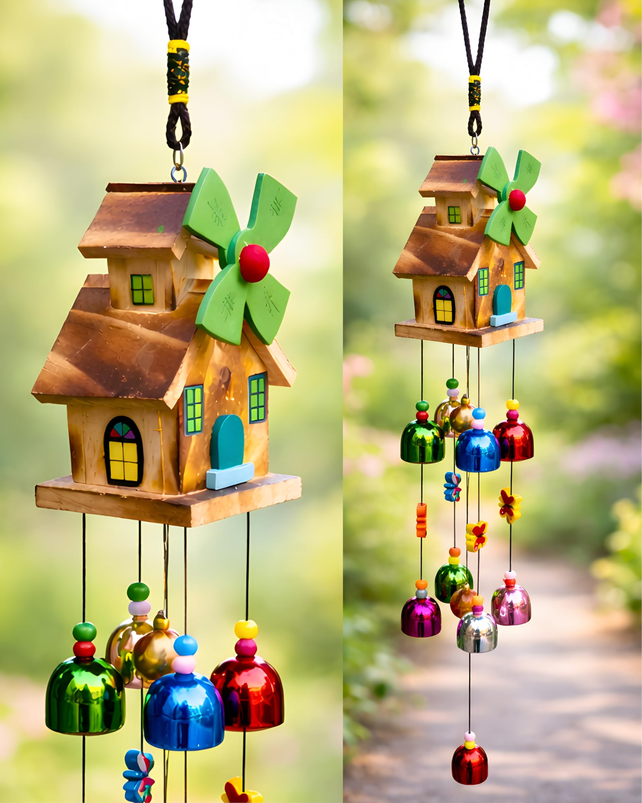 Wooden House Wind Chime - Melody & Colourful Bells -1