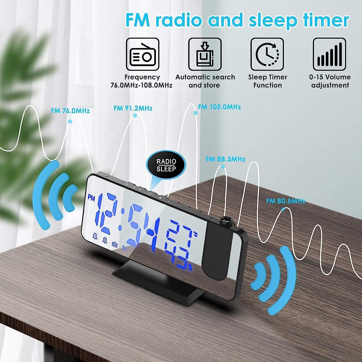 TAKRINK Digital Projection Alarm Clock FM radio and sleep timer