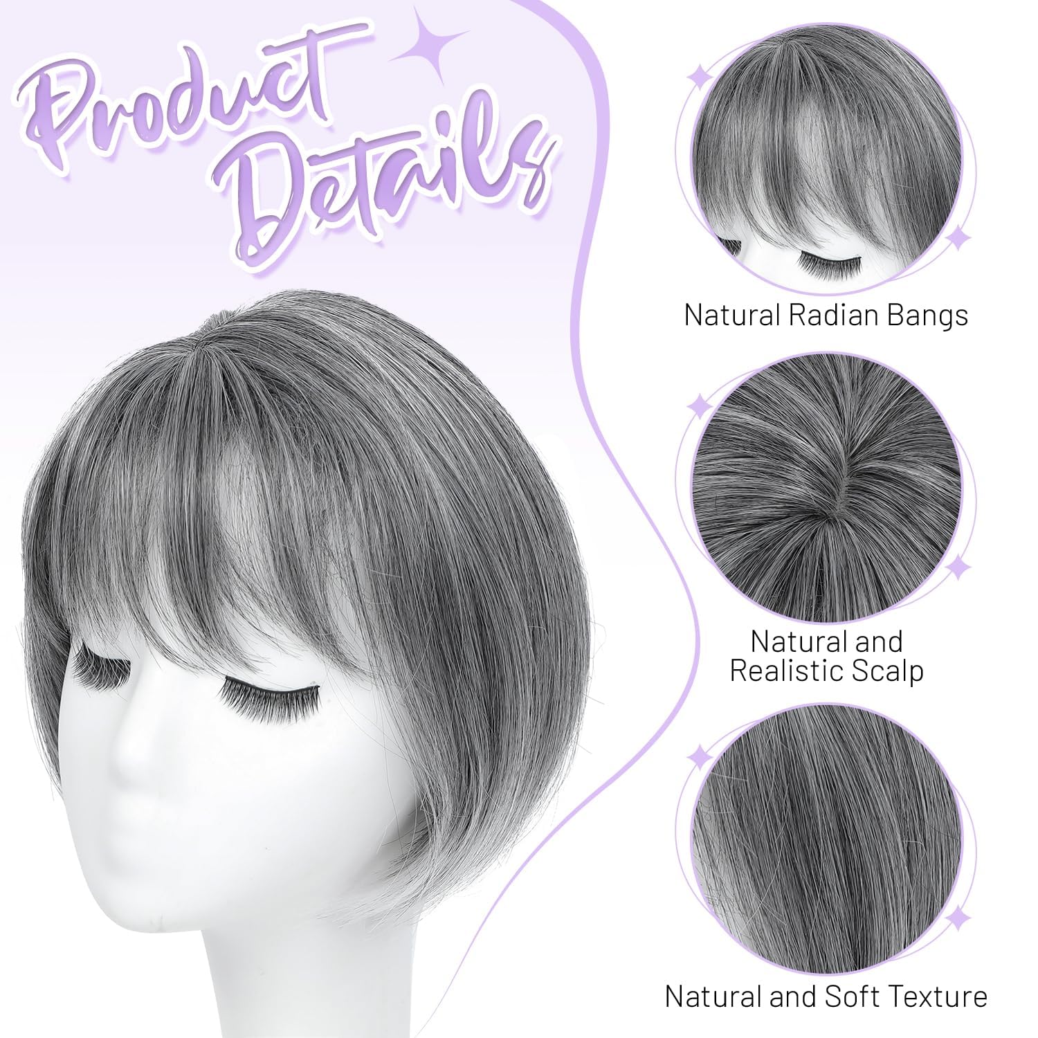 FLYROSEING Grey Mixed Hair Toppers for Women with Thinning Hair Short Bob Hair Toppers with Bangs Side Part - Image 2