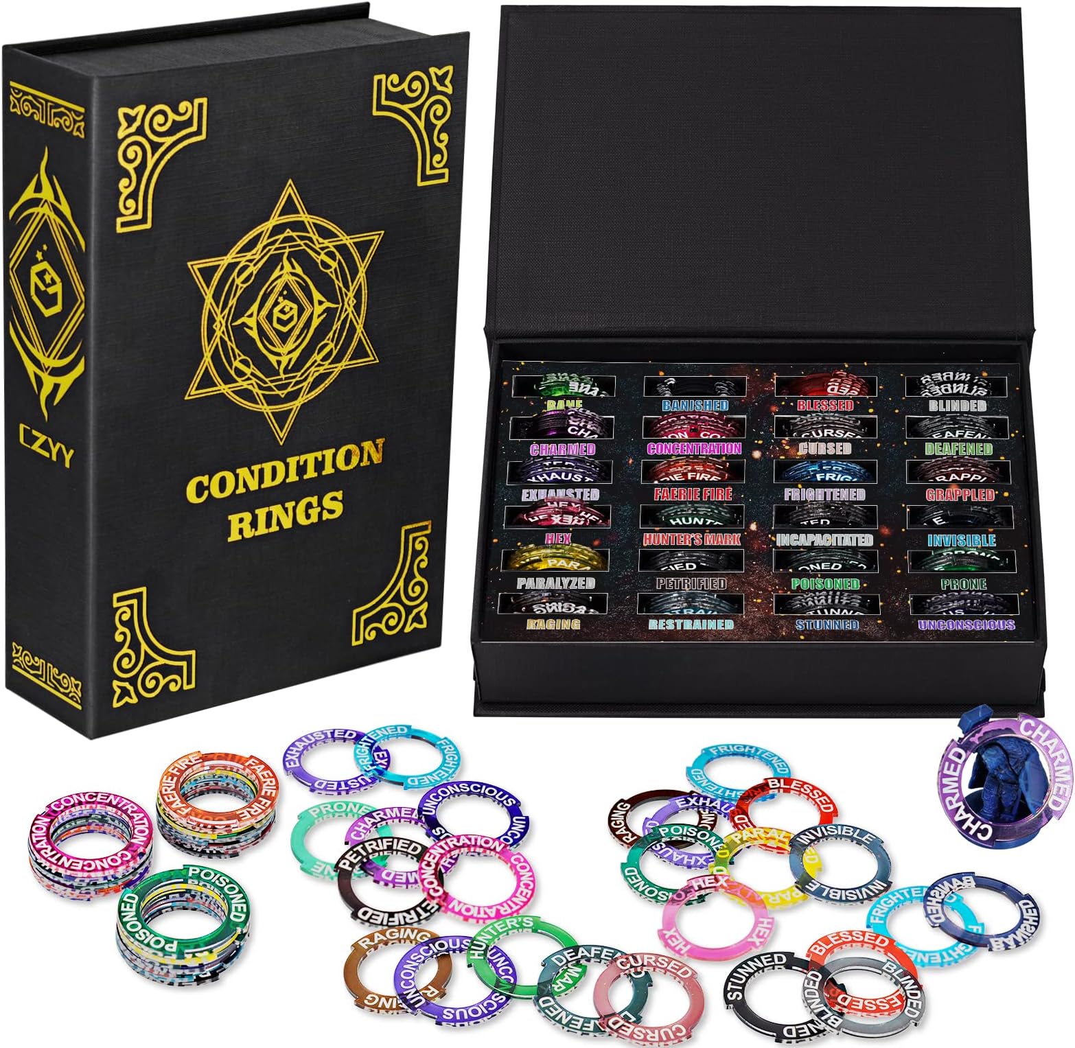 D&D Acrylic Condition Rings 64 PCS Status Effect Markers in 16 Conditions & Colors with 3x6 Storage Box Great DM Tool for Dungeons & Dragons, Pathfinder and RPG Miniatures