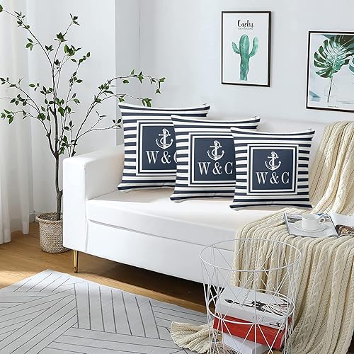 Miniatura 7 de Fundas de almohada decorativas con monograma de anclaje náutico a rayas azul marino, fundas de almohada suaves de 18 x 18 pulgadas, decoración