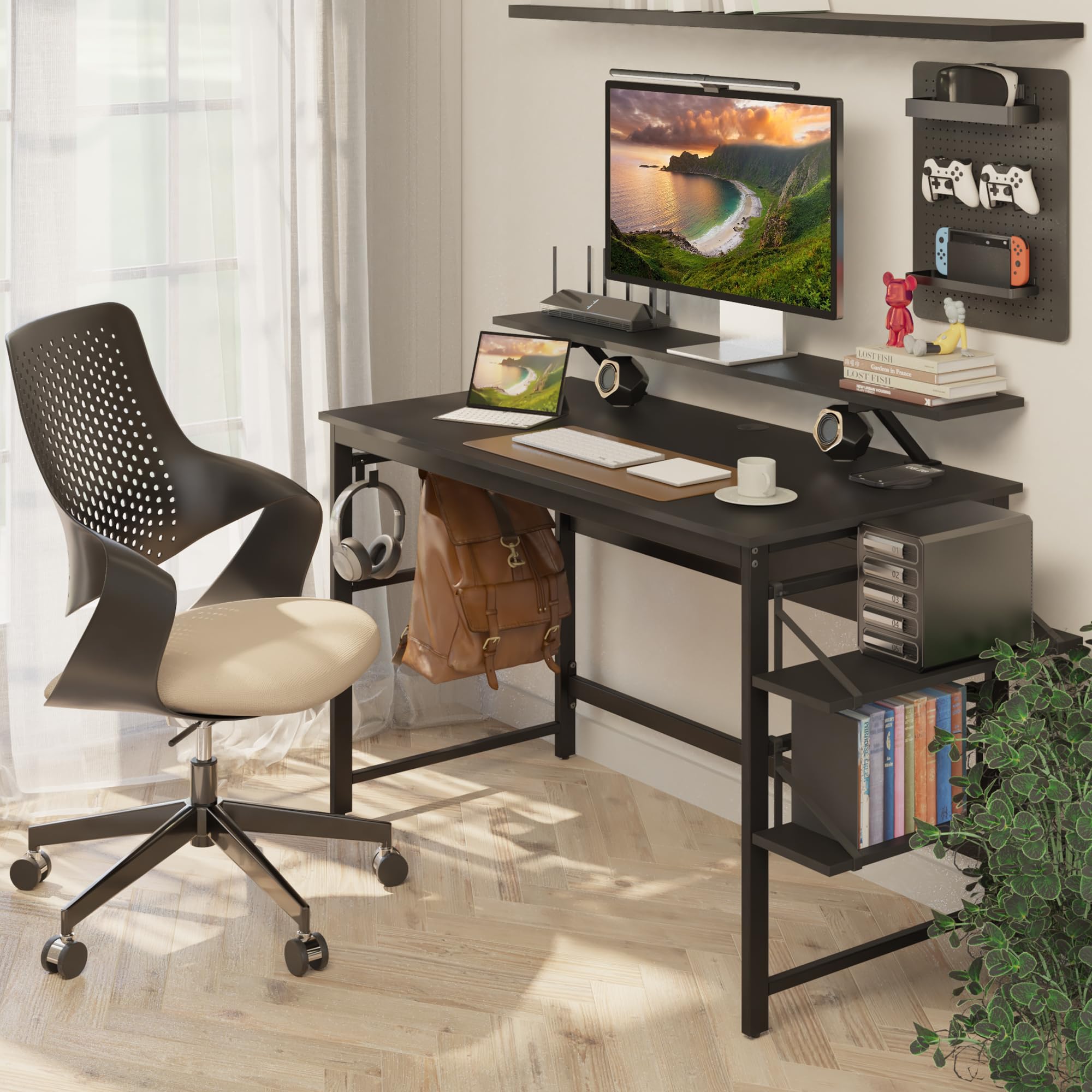 Mondeer Scrivania per computer, postazione di lavoro con 2 ripiani regolabili e grande supporto per monitor, salvaspazio, per casa, ufficio, studio, 120 x 60 x 90 cm, nero