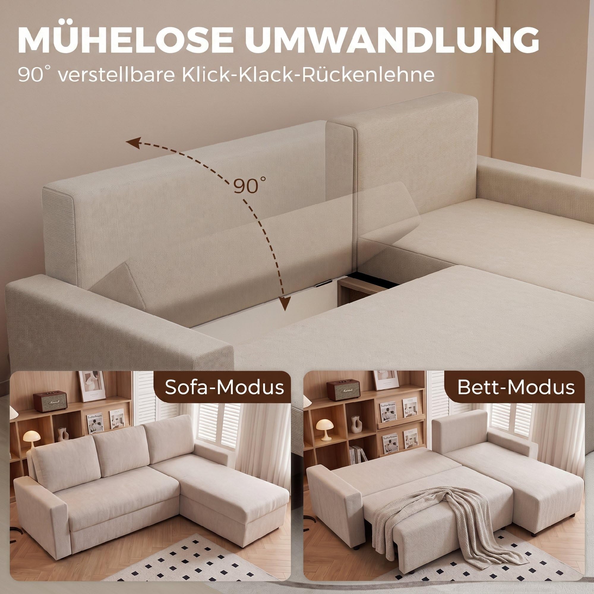 HOMCOM Ecksofa L-Form mit Schlaffunktion Umkehrbarer Chaiselongue Beige | 3-Sitzer Sofa, 2-in-1 Schlafsofa, Veloursbezug, Schlafcouch für Wohnzimmer, Hergestellt in der EU