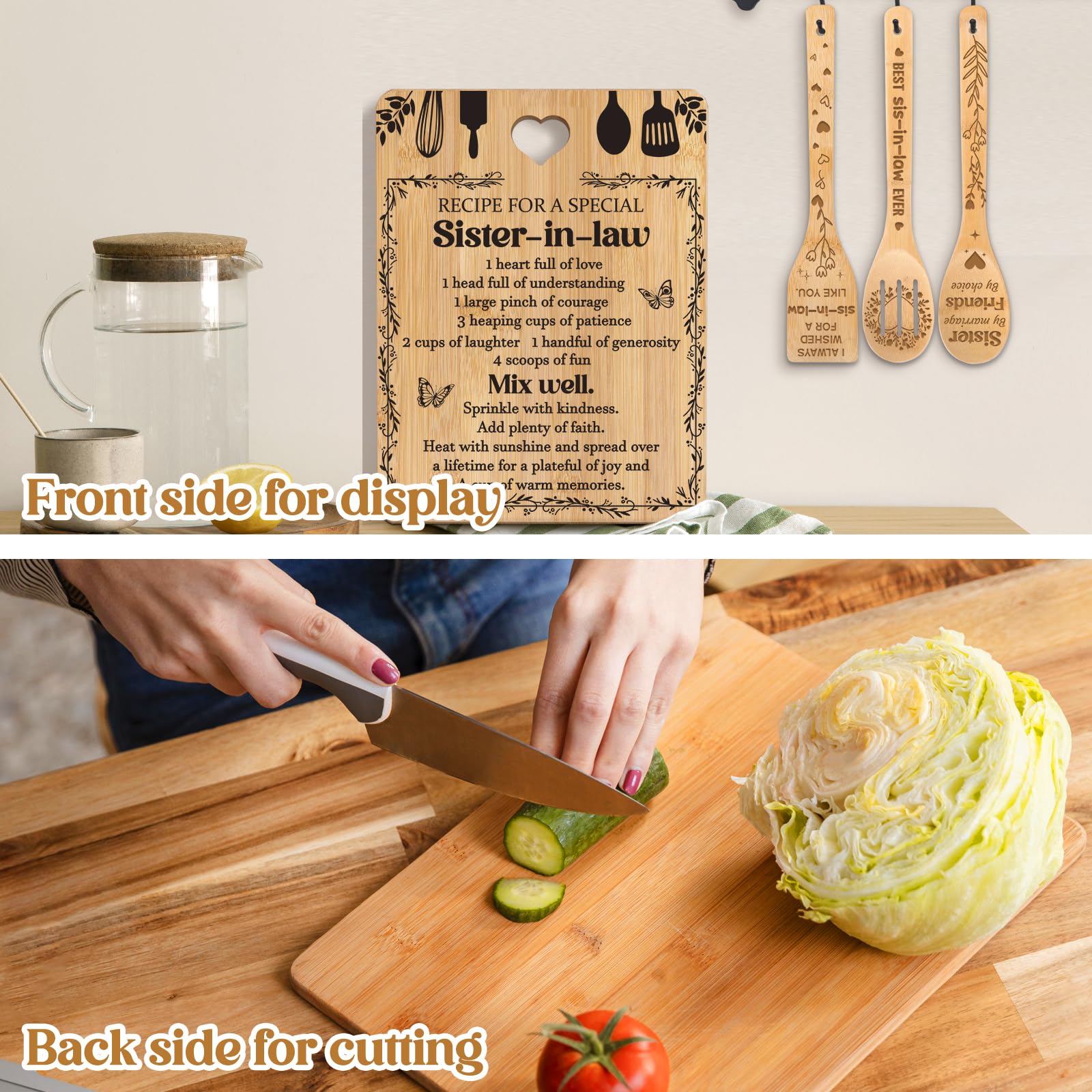 Gifts for Sister in Law - "Recipe for a Special Sister-in-Law", Sister in Law Birthday Gifts Engraved Bamboo-Made Cutting Board Set, Mothers Day Gifts for Sister in Law.