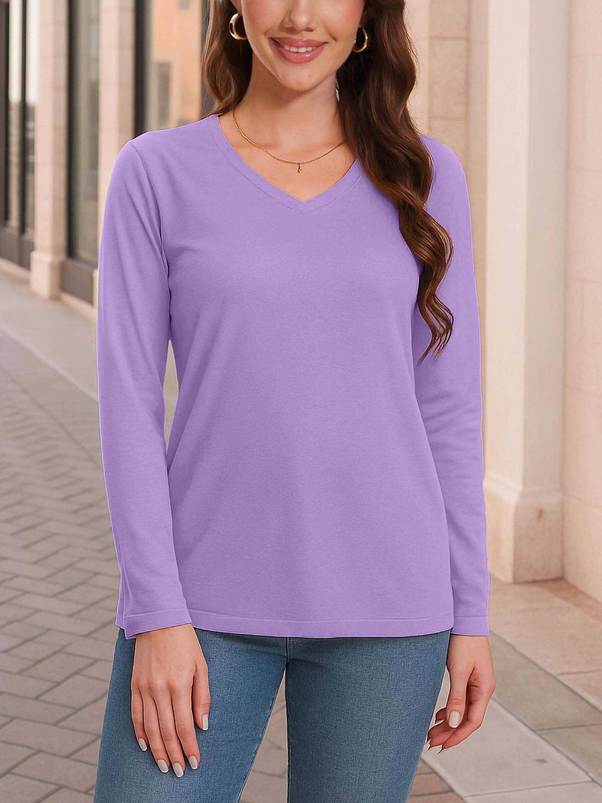 SMENG Camisetas de manga larga para mujer, de algodón puro, cuello en V, básicas, casuales, suaves