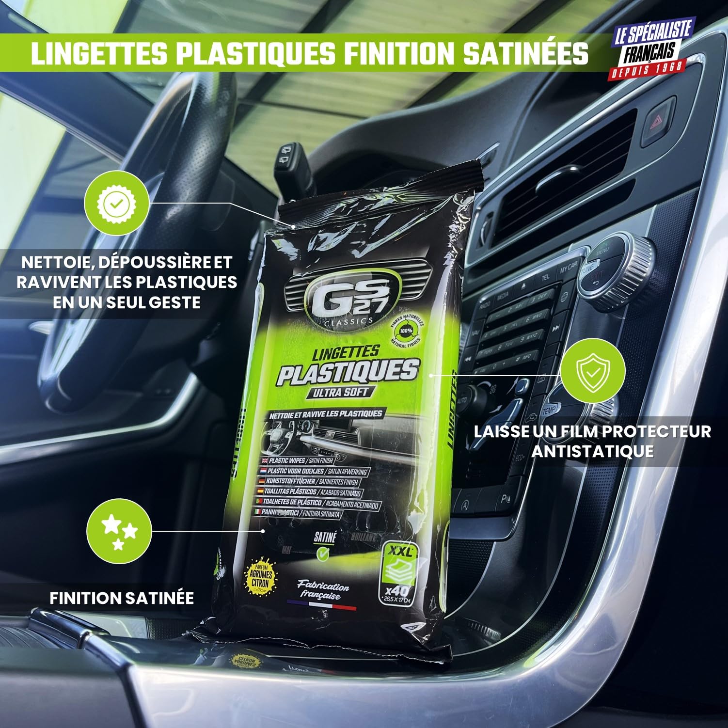 GS27 - Plastikowe chusteczki samochodowe - satynowe wykończenie - 100% naturalna wiskoza - zapach cytrusowy - 40 chusteczek samochodowych XXL